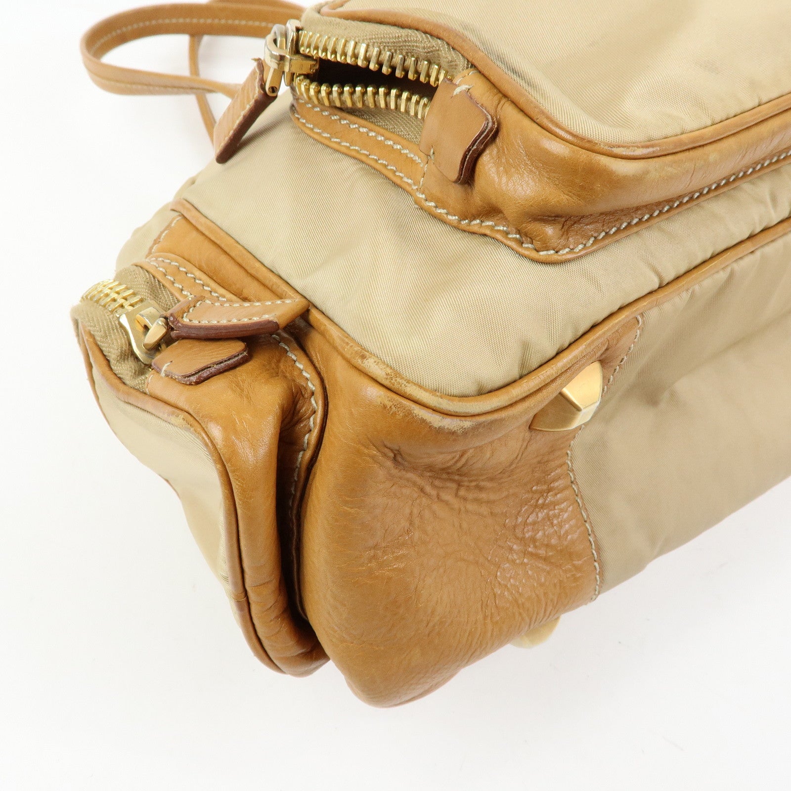 PRADA Triangle Logo Nylon Leather Shoulder Hand Bag Beige Brown