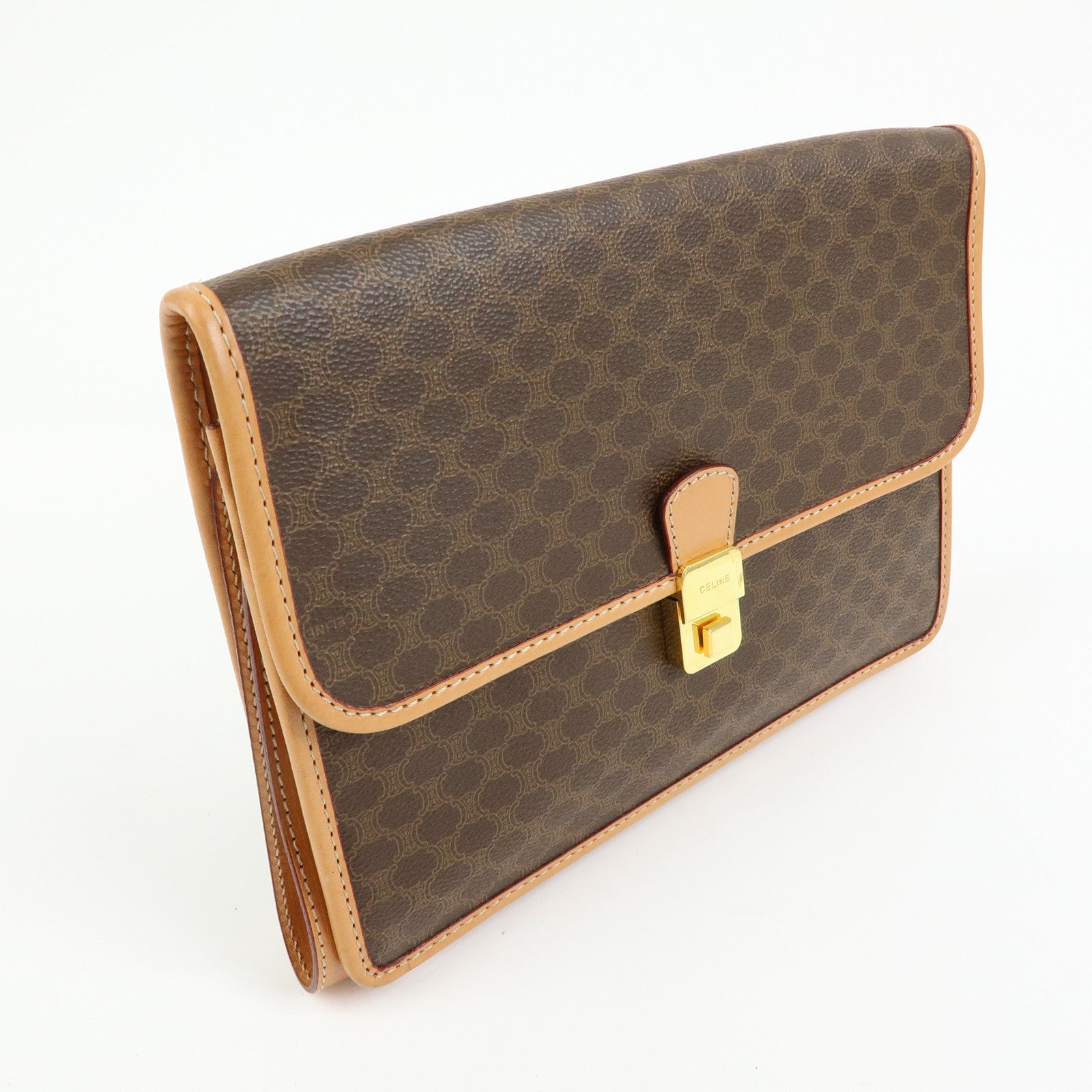 CELINE Logo Macadam PVC Leather Clutch Bag Flat Pouch Brown