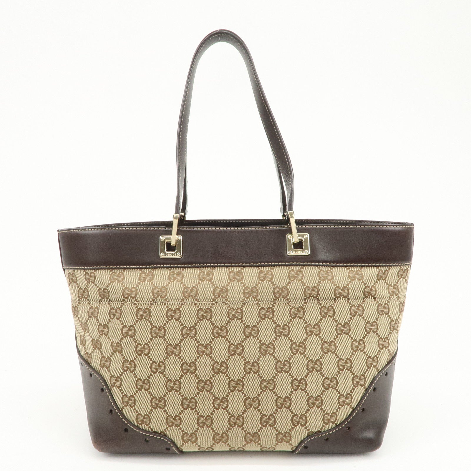 GUCCI GG Canvas Leather Tote Bag Hand Bag Brown Beige 145993