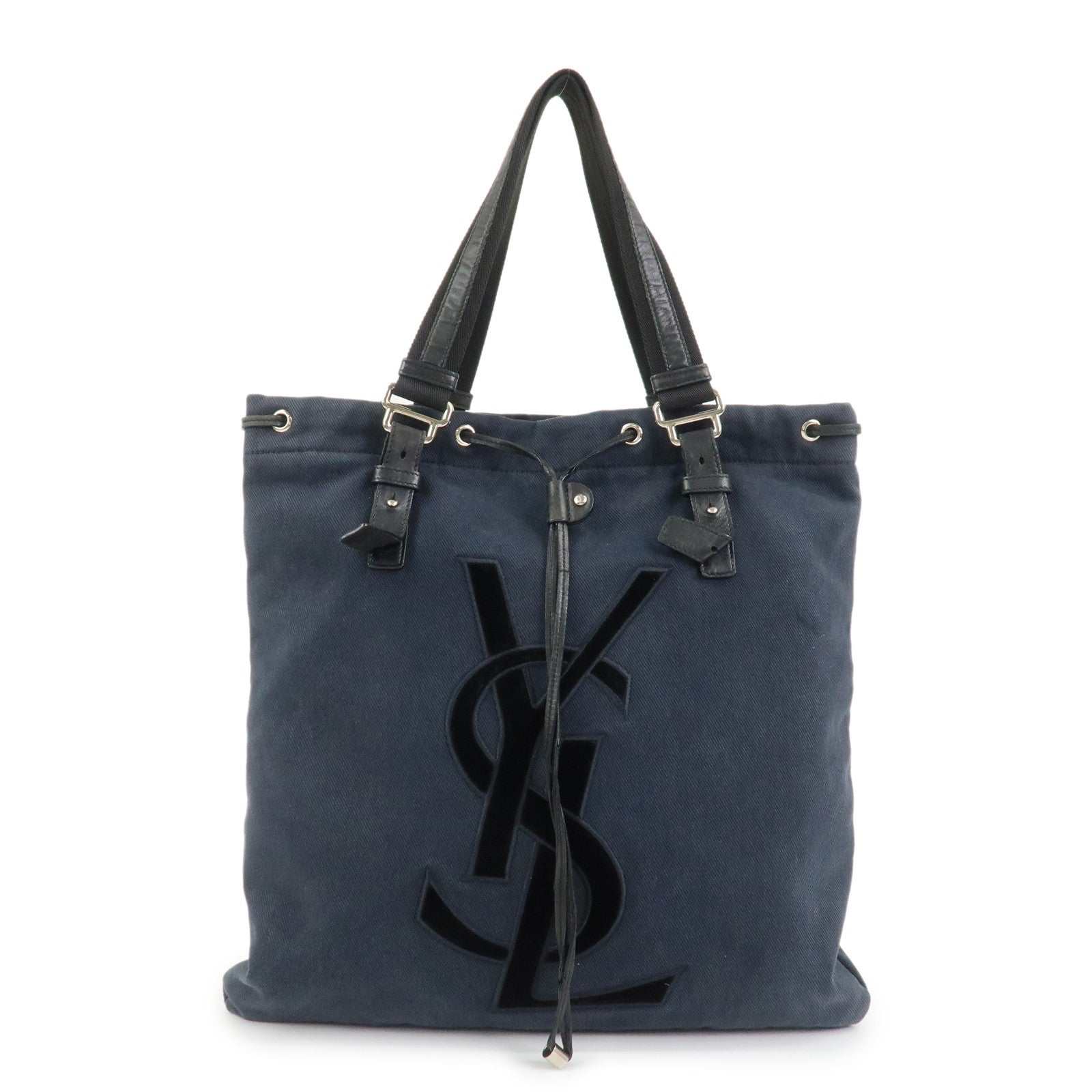 SAINT LAURENT PARIS Canvas Leather Tote Bag Shoulder Bag Navy