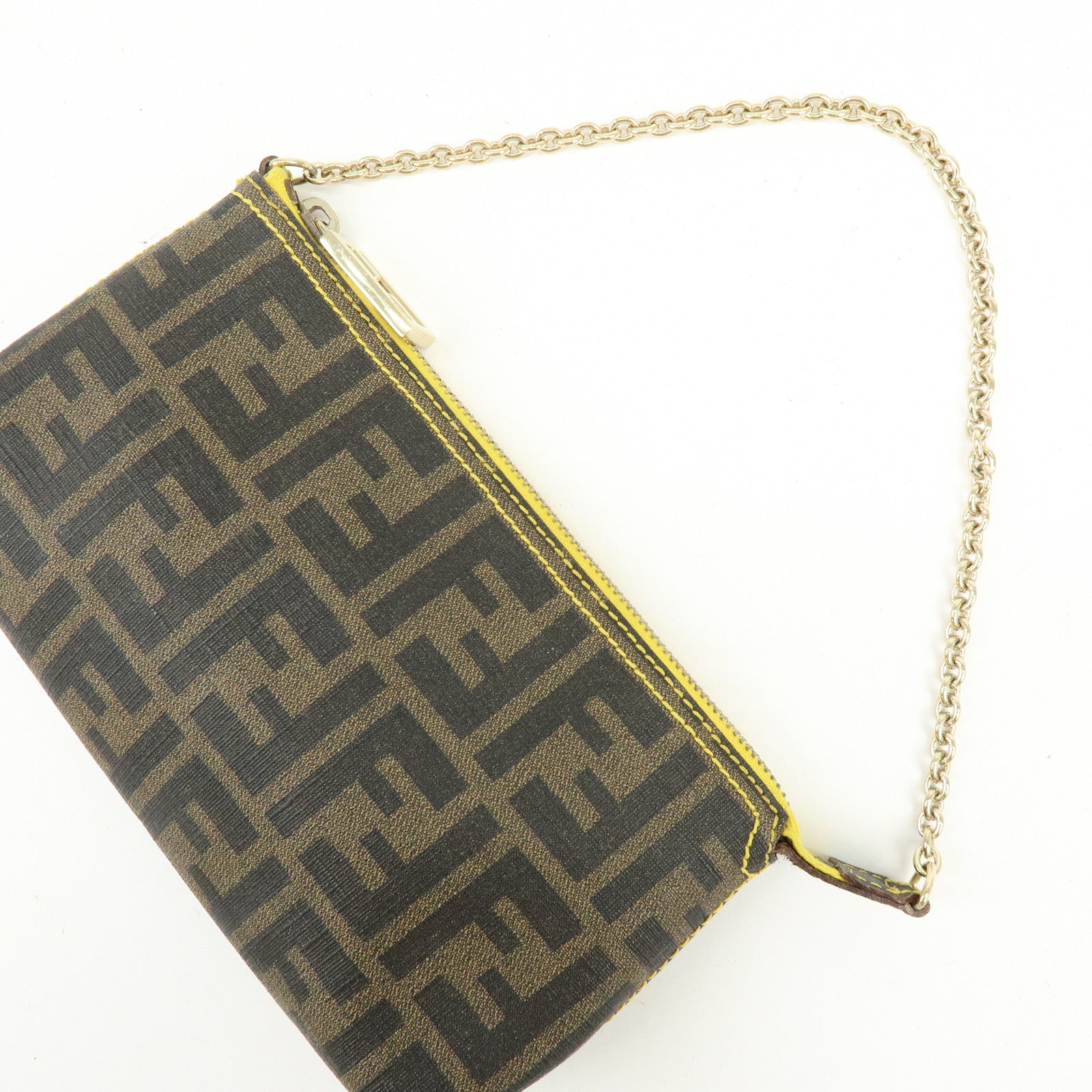 FENDI Zucca Print PVC Chain Accessory Pouch Brown Yellow 8BR592