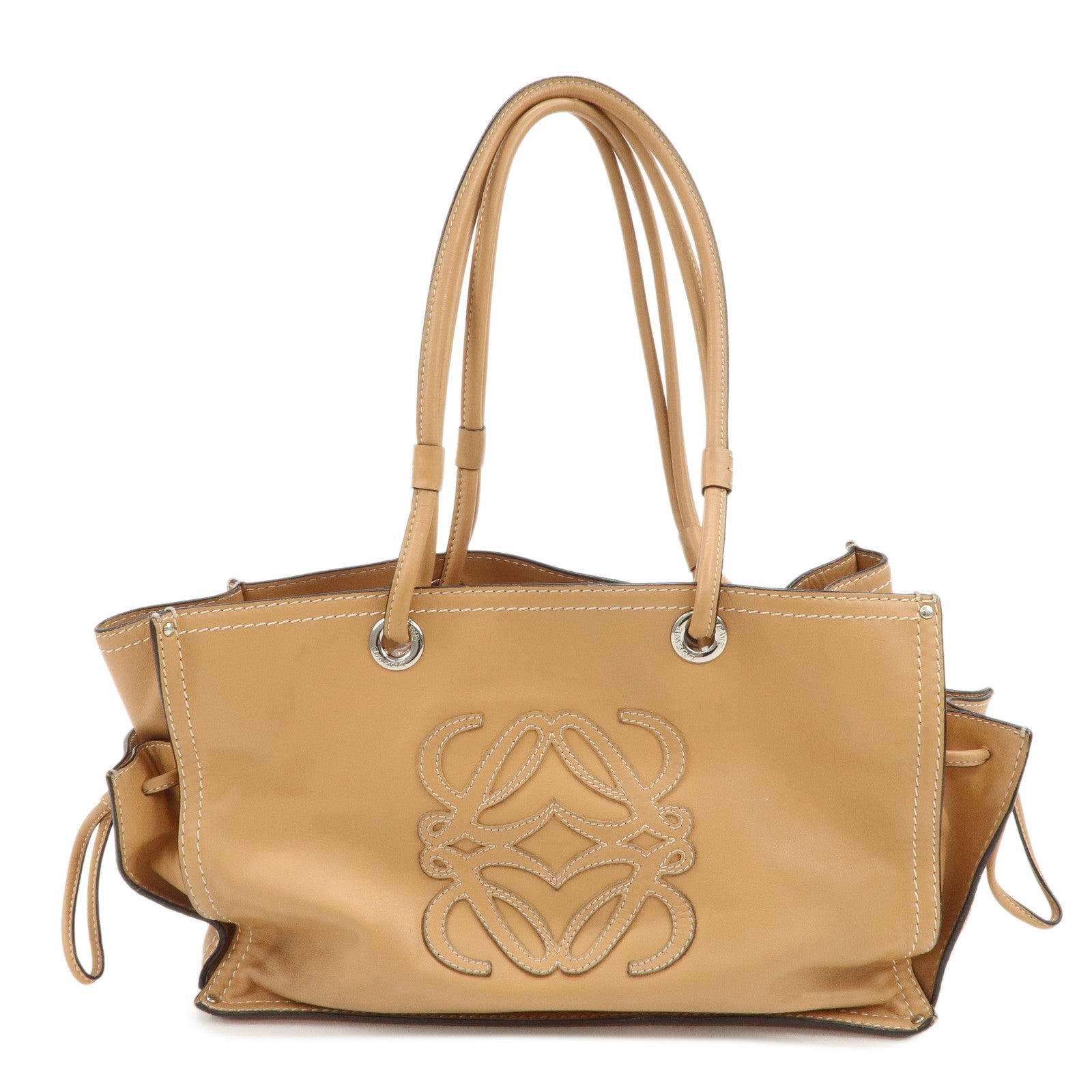 LOEWE Anagram Logo Leather Shopper Tote Bag Shouder Bag Light Brown
