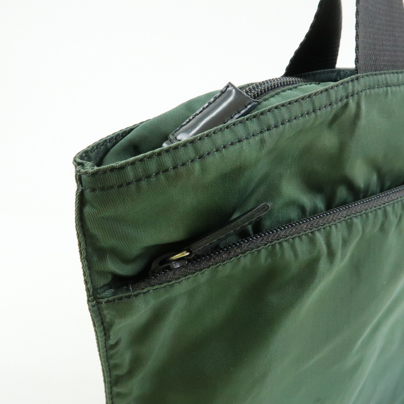 PRADA Triangle Logo Nylon Leather Tote Bag Hand Bag Moss Green