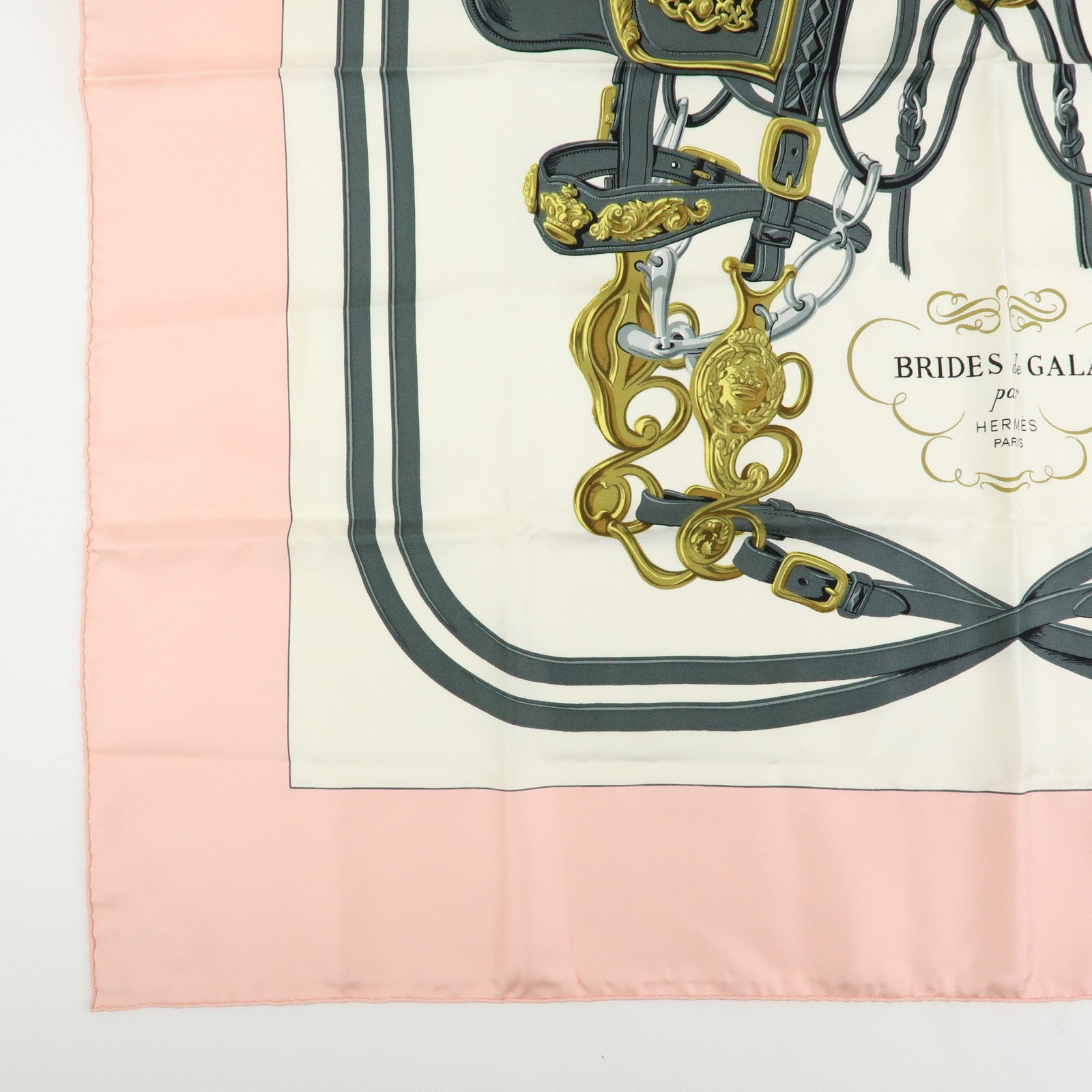HERMES Carre 90 Silk 100% BRIDES DE GALA Scarf Light Pink White