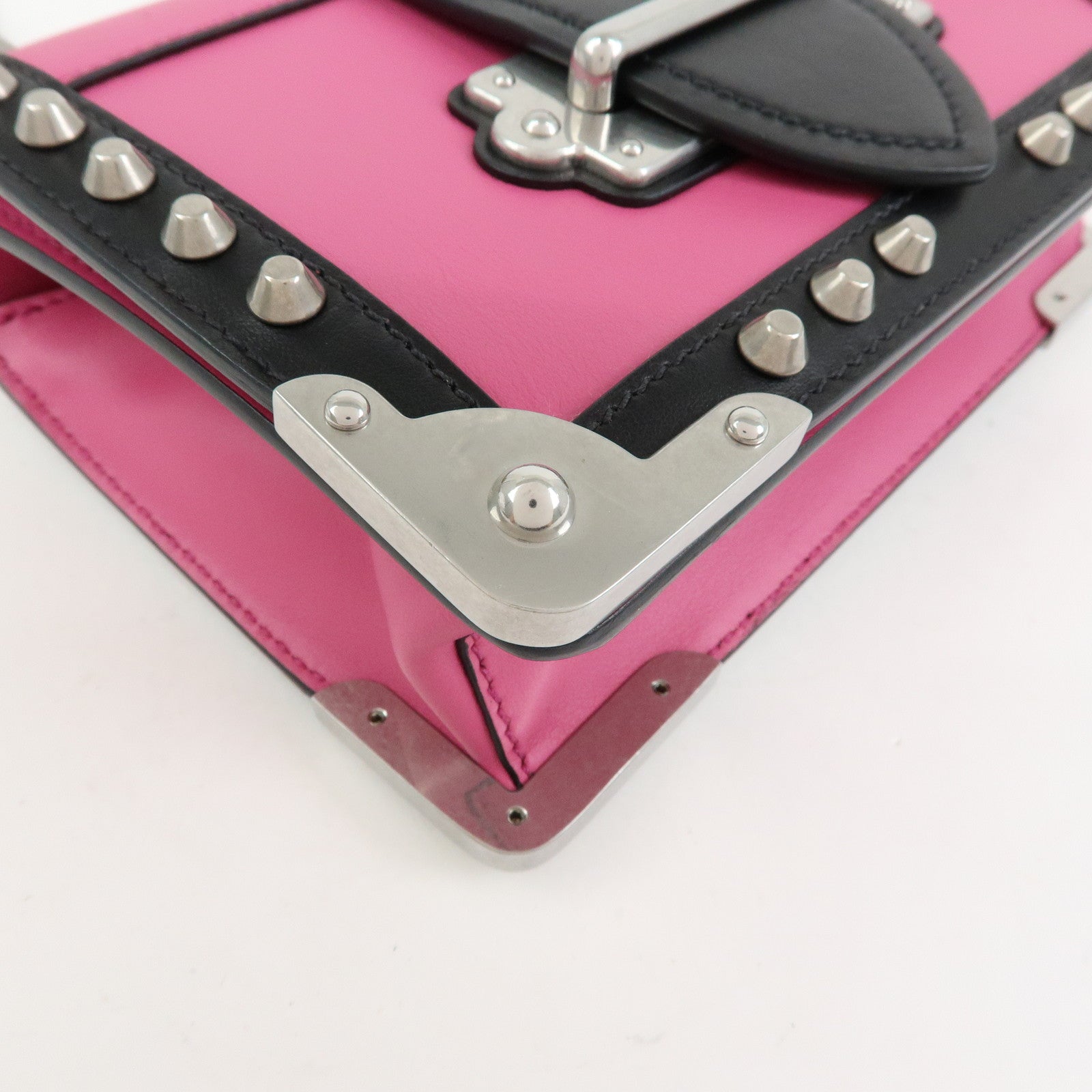 PRADA Cahier Calf Leather Studs Shoulder Bag Pink Black 1BH018