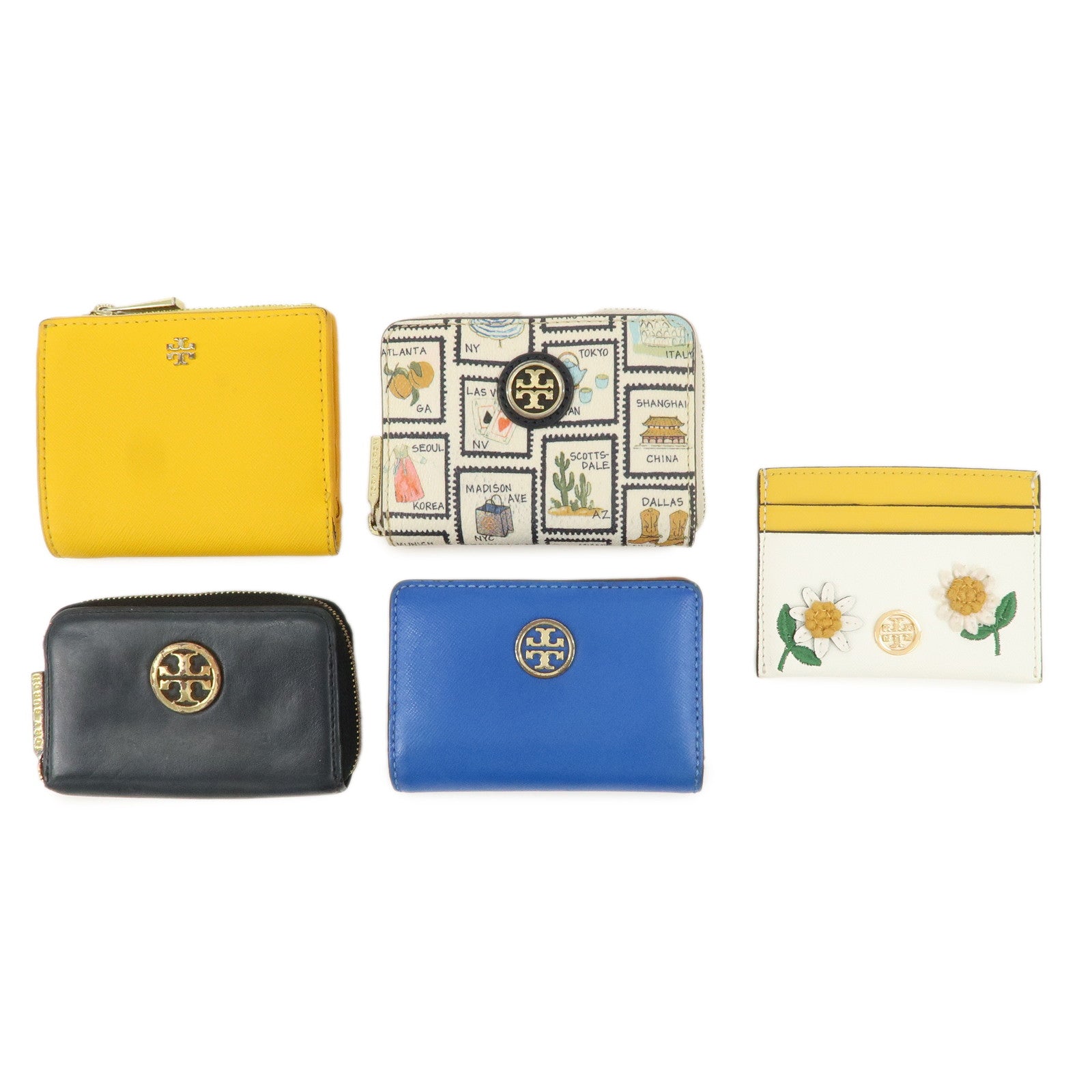 TORY BURCH Leather Set of 5 Compact Wallet Blue Yellow Ivory Black