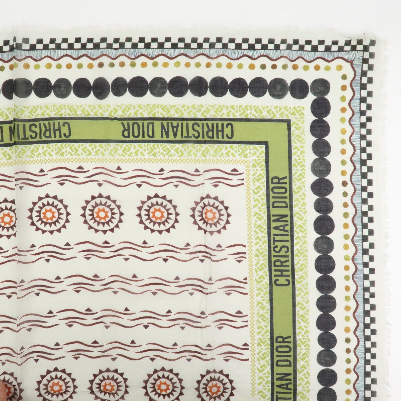Christian Dior Logo Cotton 100％ Scarf Geometric Motif Ivory Green