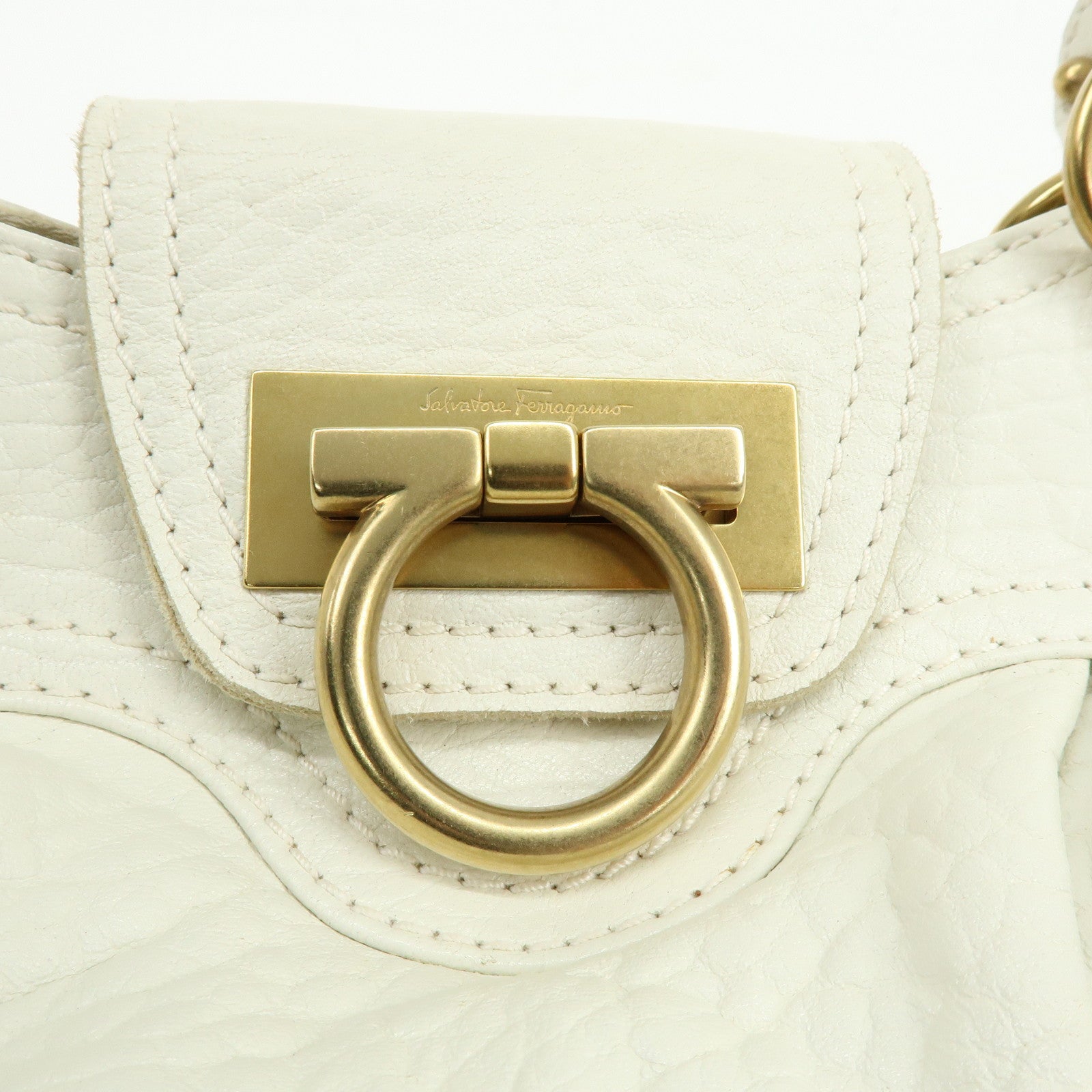 Ferragamo Gancini Leather Shoulder Bag Hand Bag White