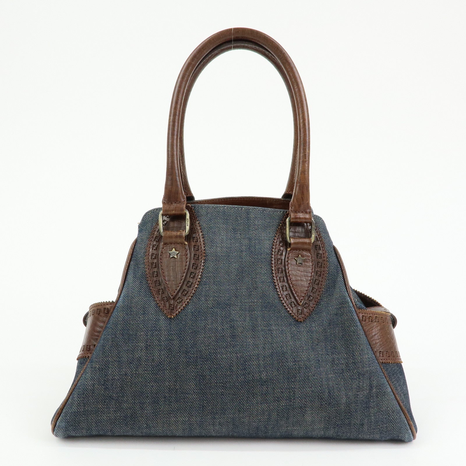 FENDI Etnico Denim Leather Tote Bag Shoulder Bag Blue Brown 8BN157