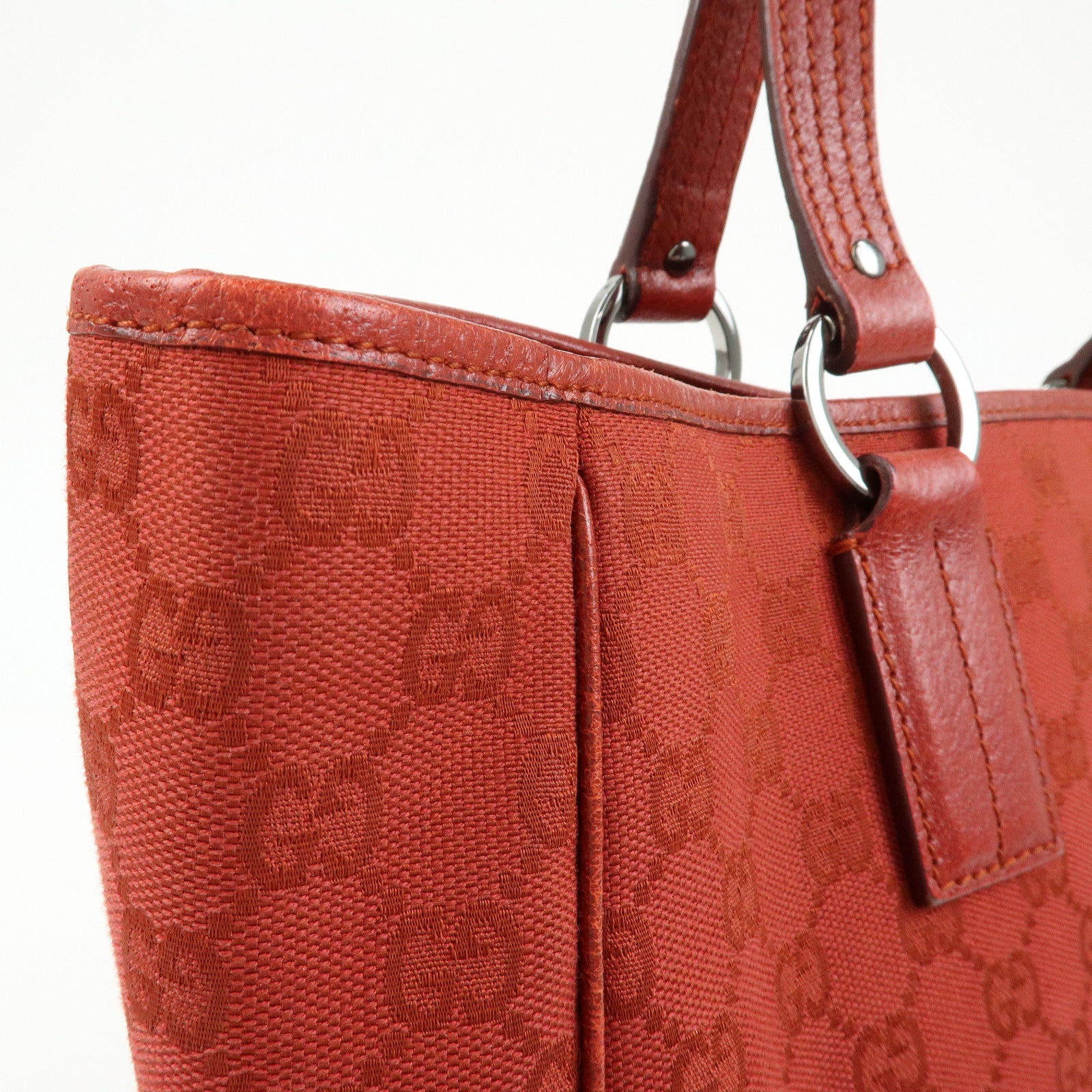 GUCCI GG Canvas Leather Tote Bag Hand Bag Shoulder Bag Red 113017