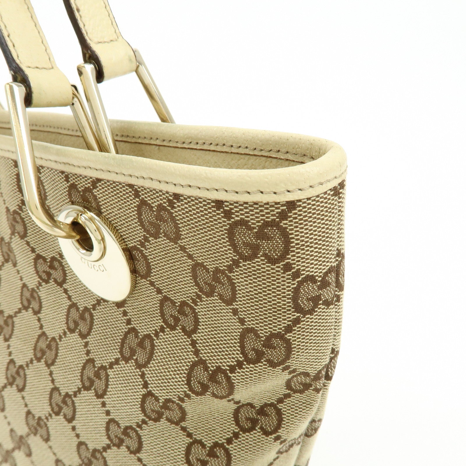 GUCCI GG Canvas Leather Tote Bag Hand Bag Beige Ivory 120840
