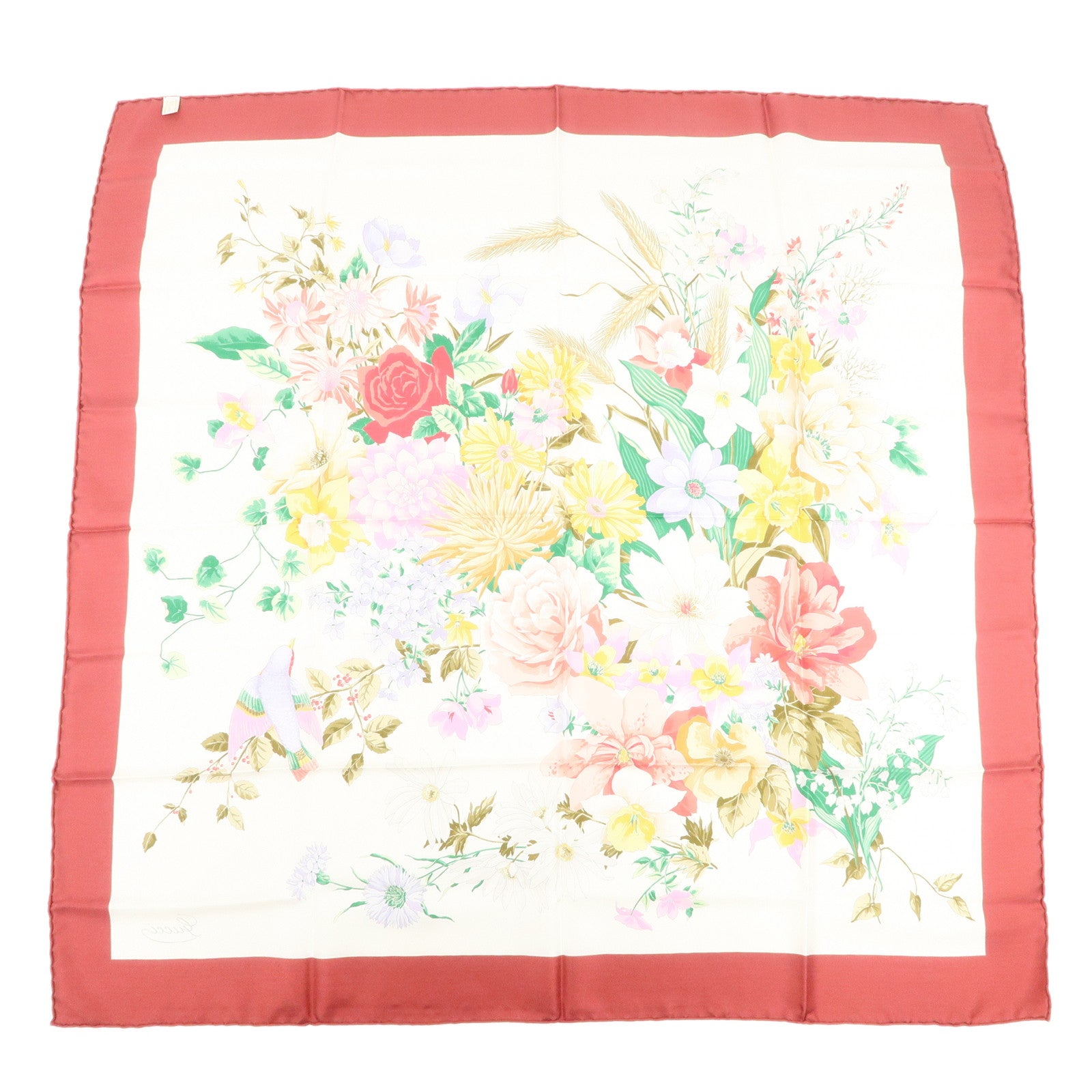GUCCI Logo Silk 100％ Scarf Red Flora Multicolor