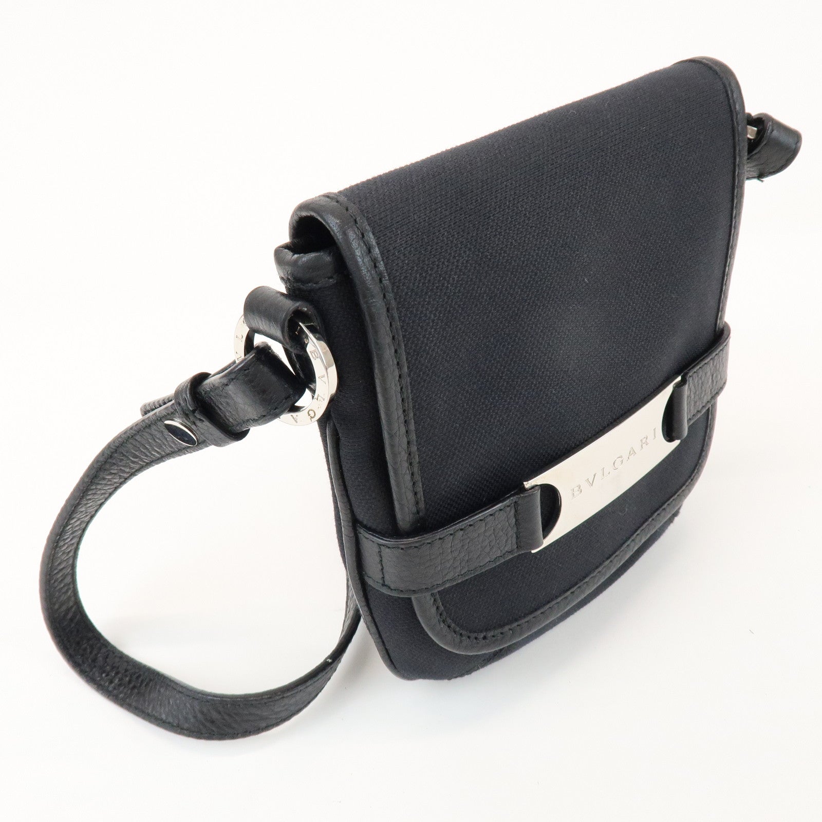 BVLGARI Canvas Leather Shoulder Bag Crossbody Bag Black