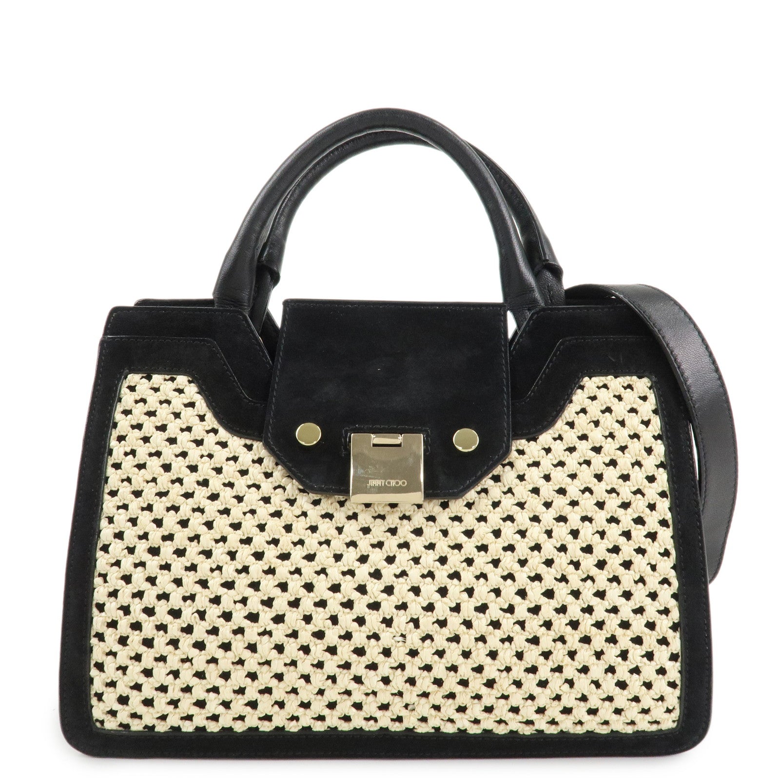 JIMMY CHOO Leather Suede Straw 2WAY Hand Bag Shoulder Bag Black Used