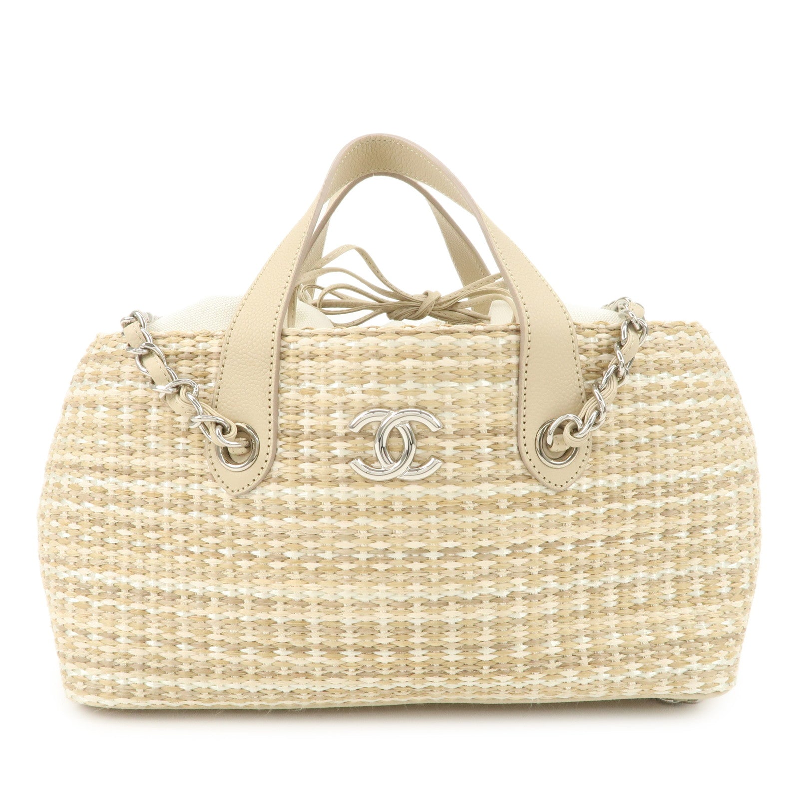 CHANEL Lether Raffia 2Way Bag Shoulder Bag Hand Bag Beige