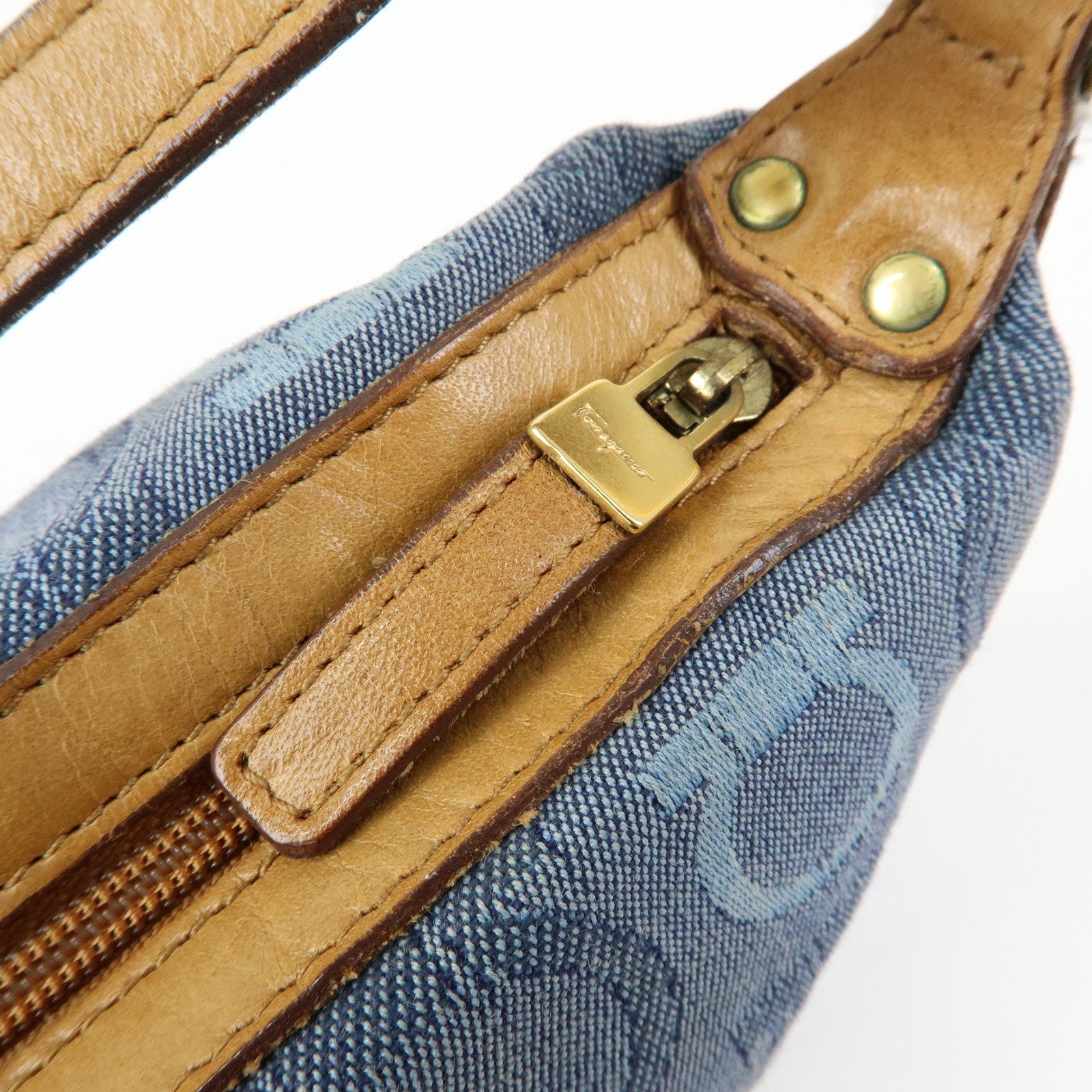 Ferragamo Gancini Canvas Leather Hand Bag Blue Light brown