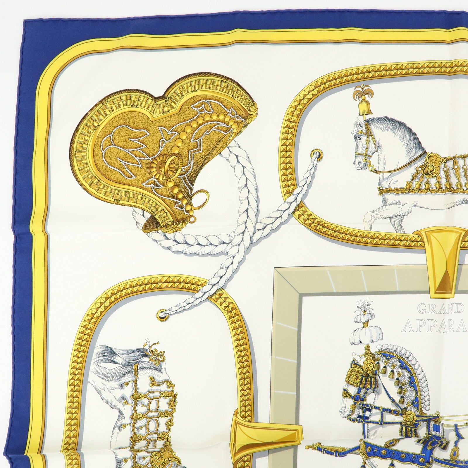 HERMES Carre 90 Silk 100% Scarf GRAND APPARAT White Yellow Navy