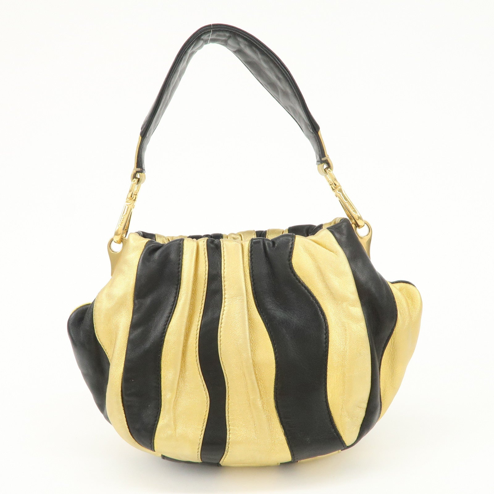 PRADA Leather Hand Bag Black Gold Hardware