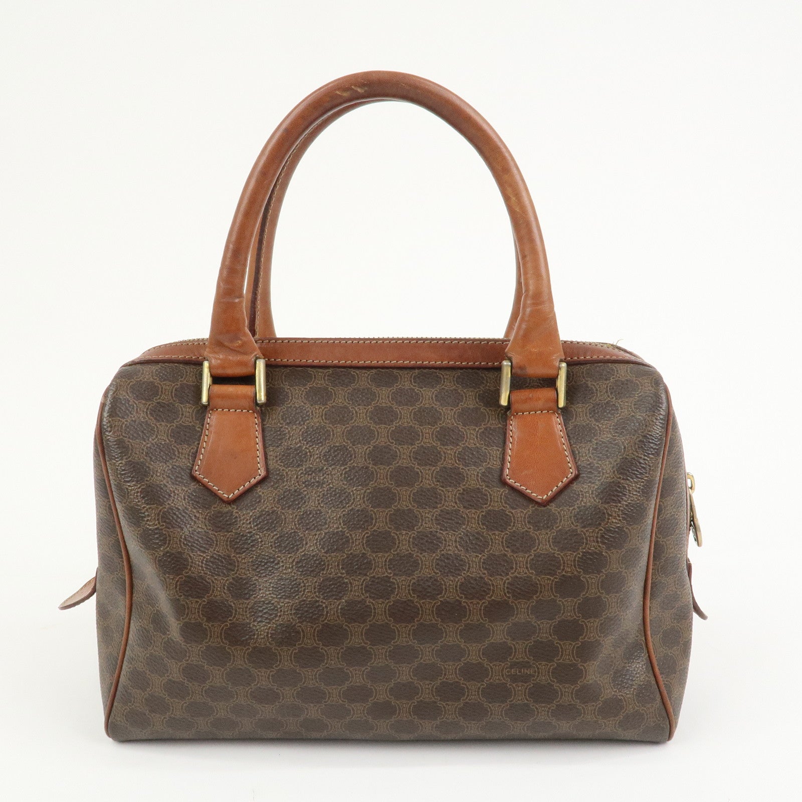 CELINE Macadam PVC Canvas Leather Boston Bag Hand Bag Brown