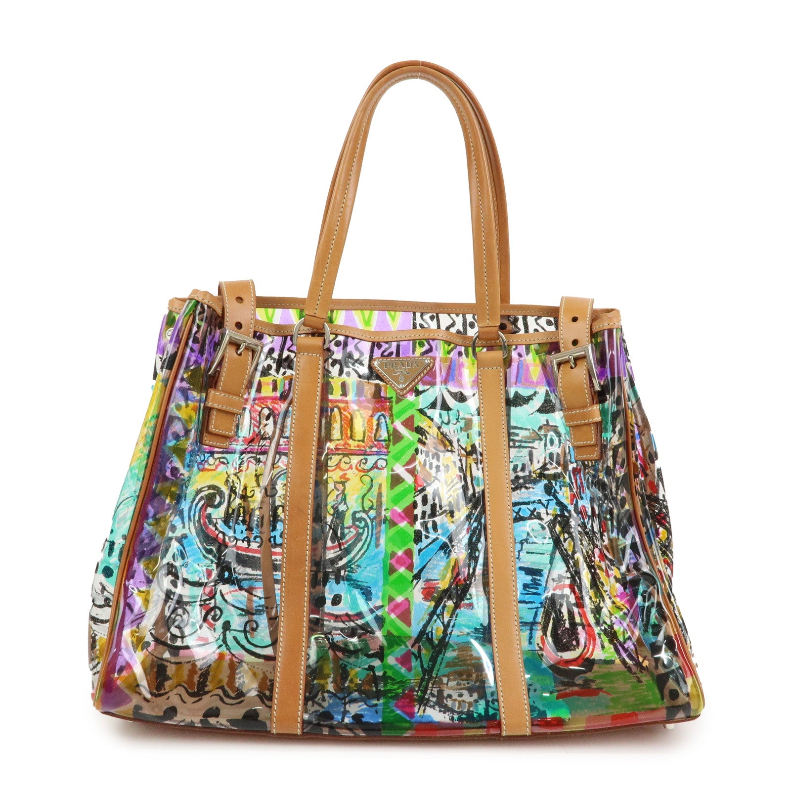 PRADA Venetian Print PVC Leather Tote Bag Clear Multicolor BR2515