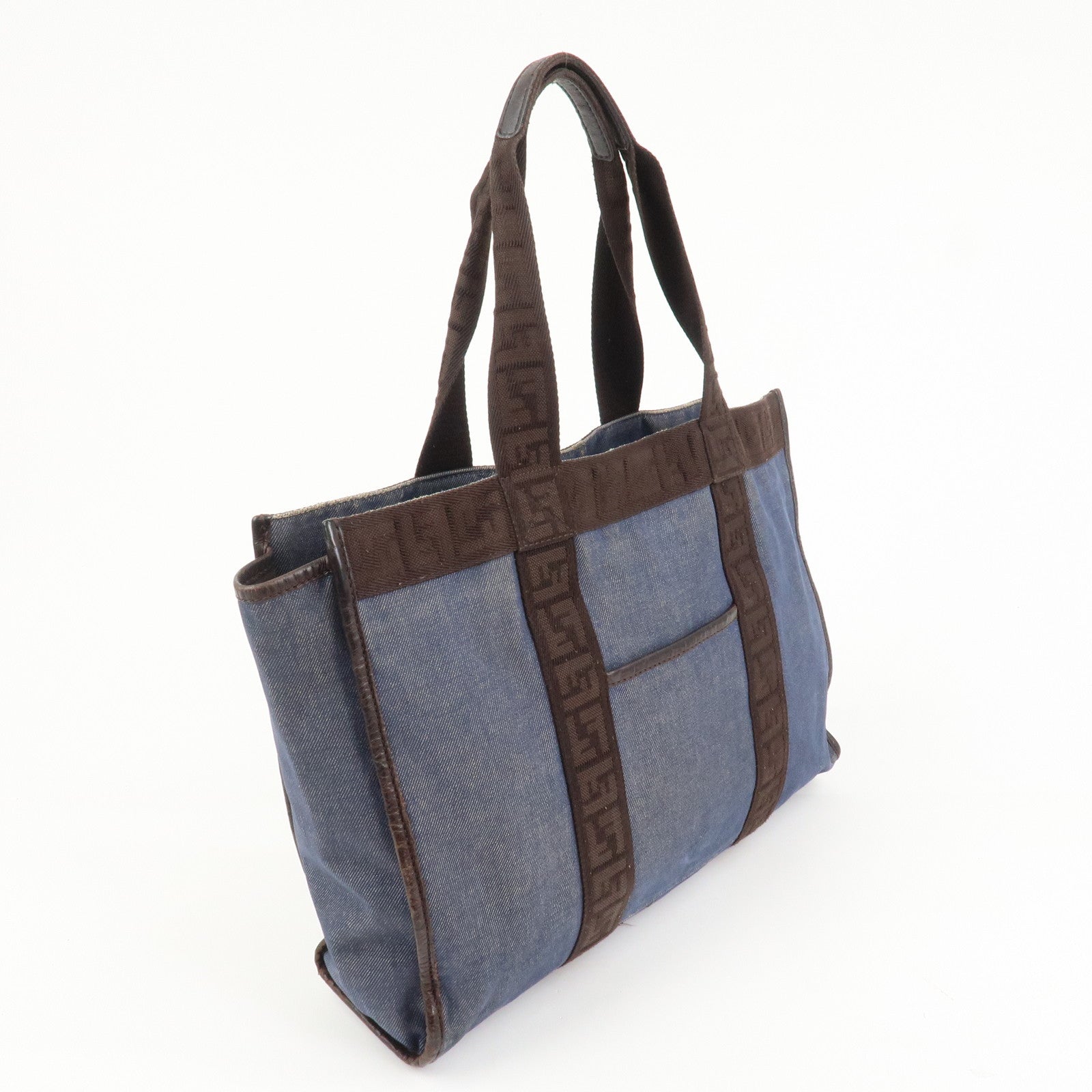 FENDI Denim Tote Bag Shoulder Bag Navy Brown 8BH165