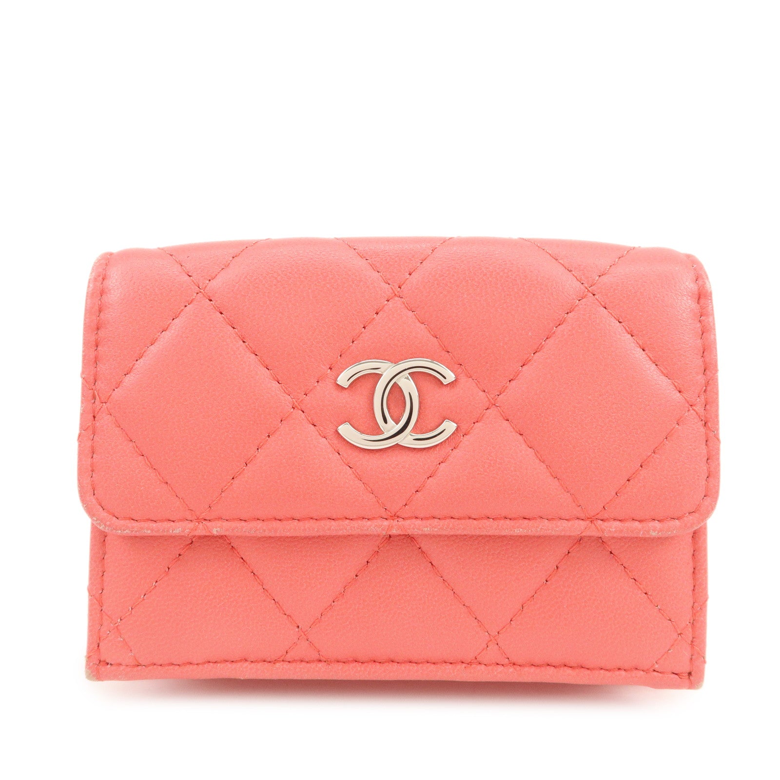 CHANEL Matelasse Lamb Skin Tri-fold Compact Wallet Coral AP0094