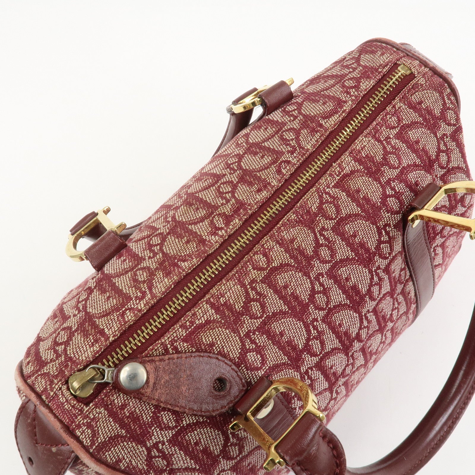 Christian Dior Trotter Jacguard Canvas Leather Boston Hand Bag Red