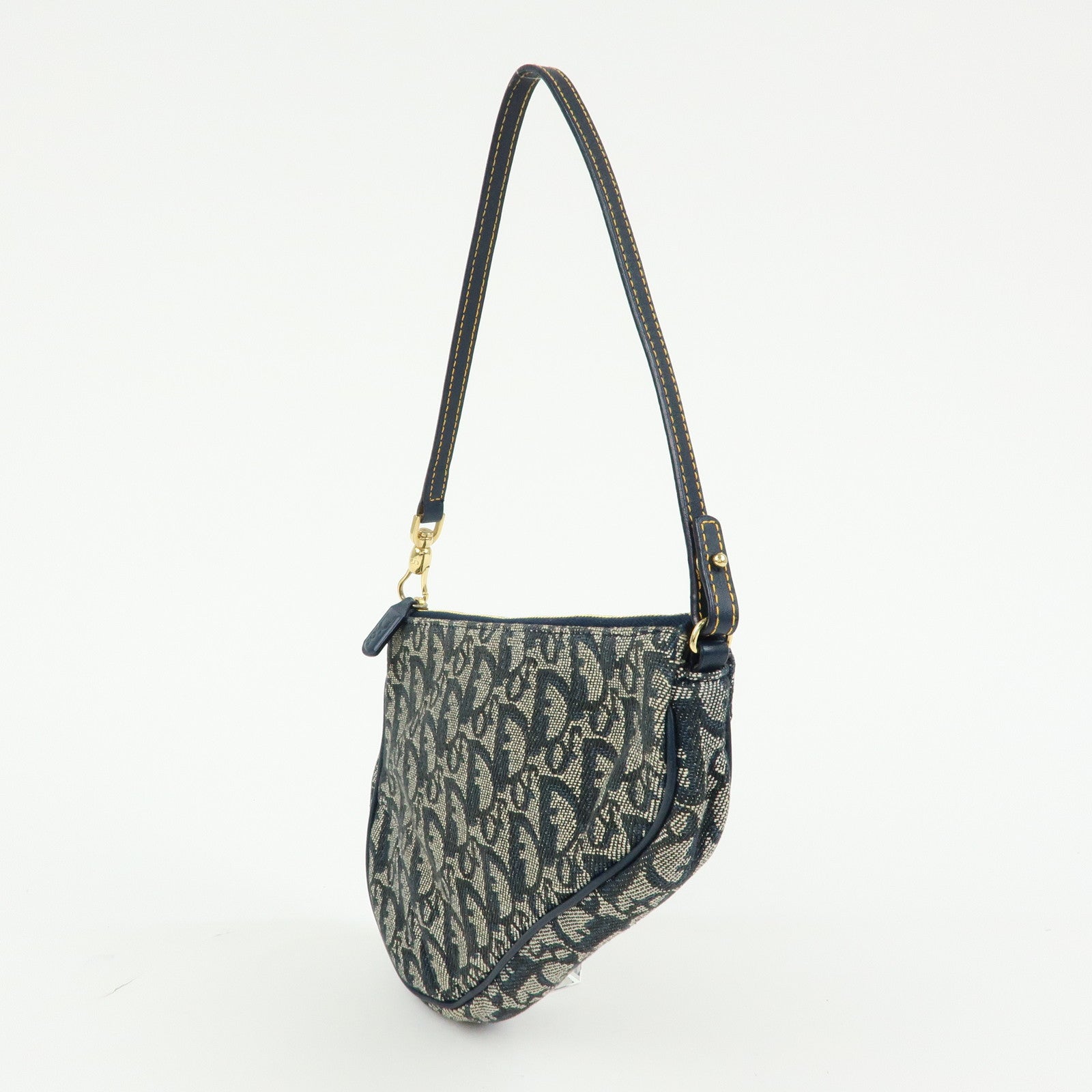 Christian Dior Saddle Oblique Canvas Leather Hand Bag Navy White