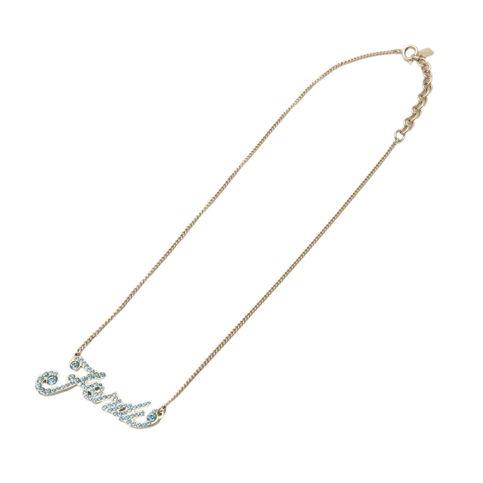 FENDI Logo Metal Rhinestone Necklace Gold Light Blue