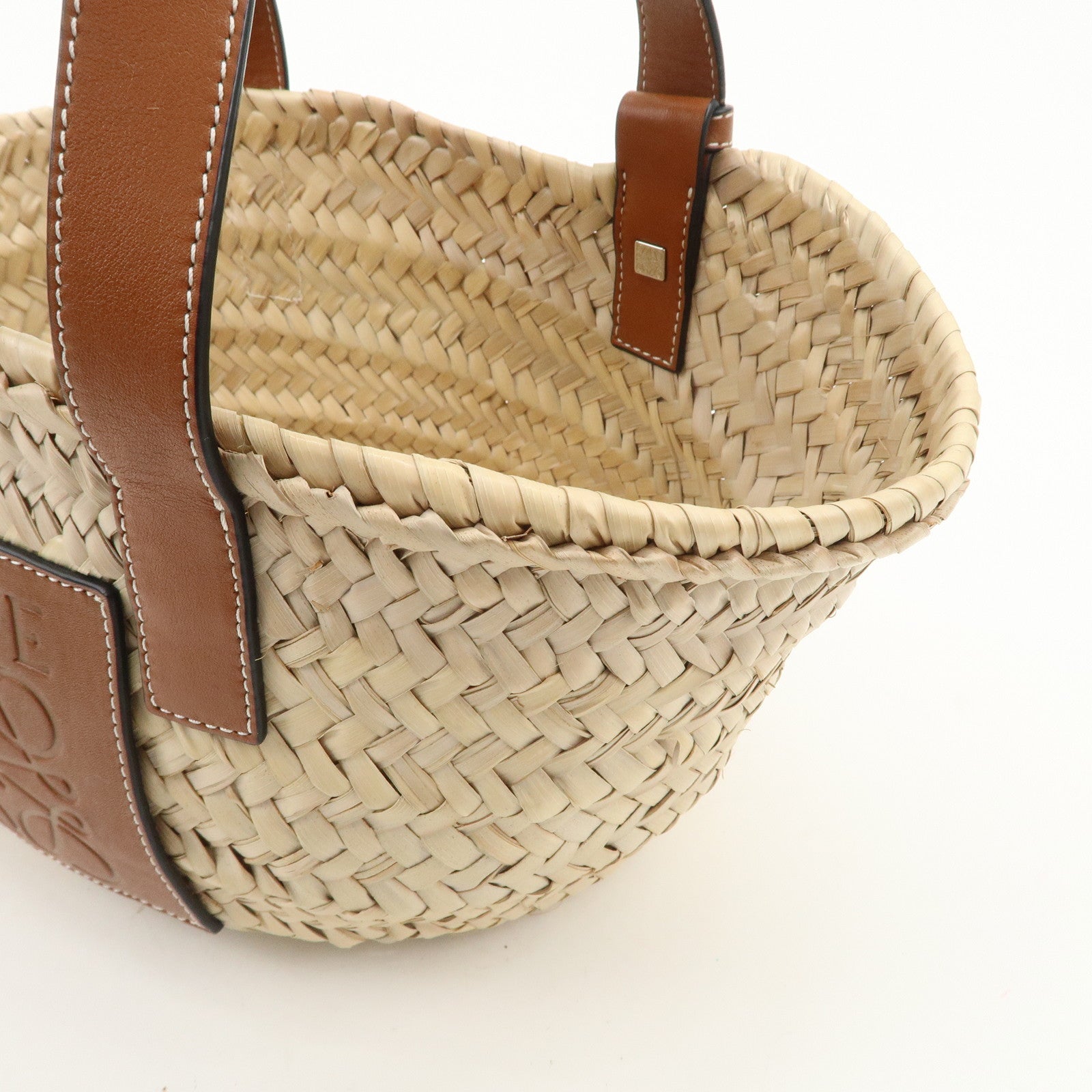 LOEWE Anagram Raffia Leather Basket Bag Hand Bag Natural Brown 2435