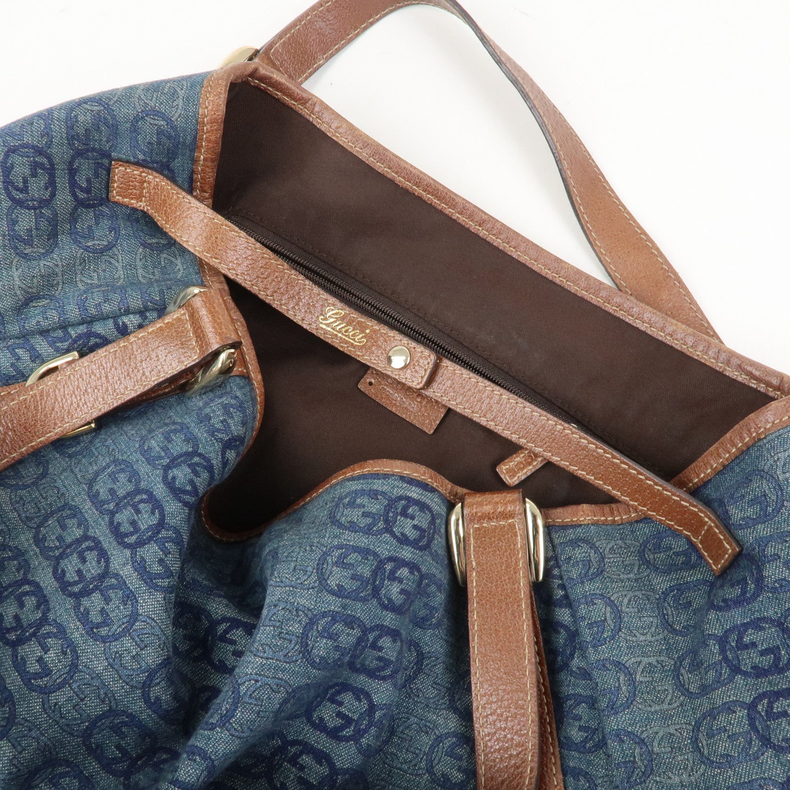 GUCCI Abbey Logo GG Denim Leather Tote Hand Bag Blue Brown 130736
