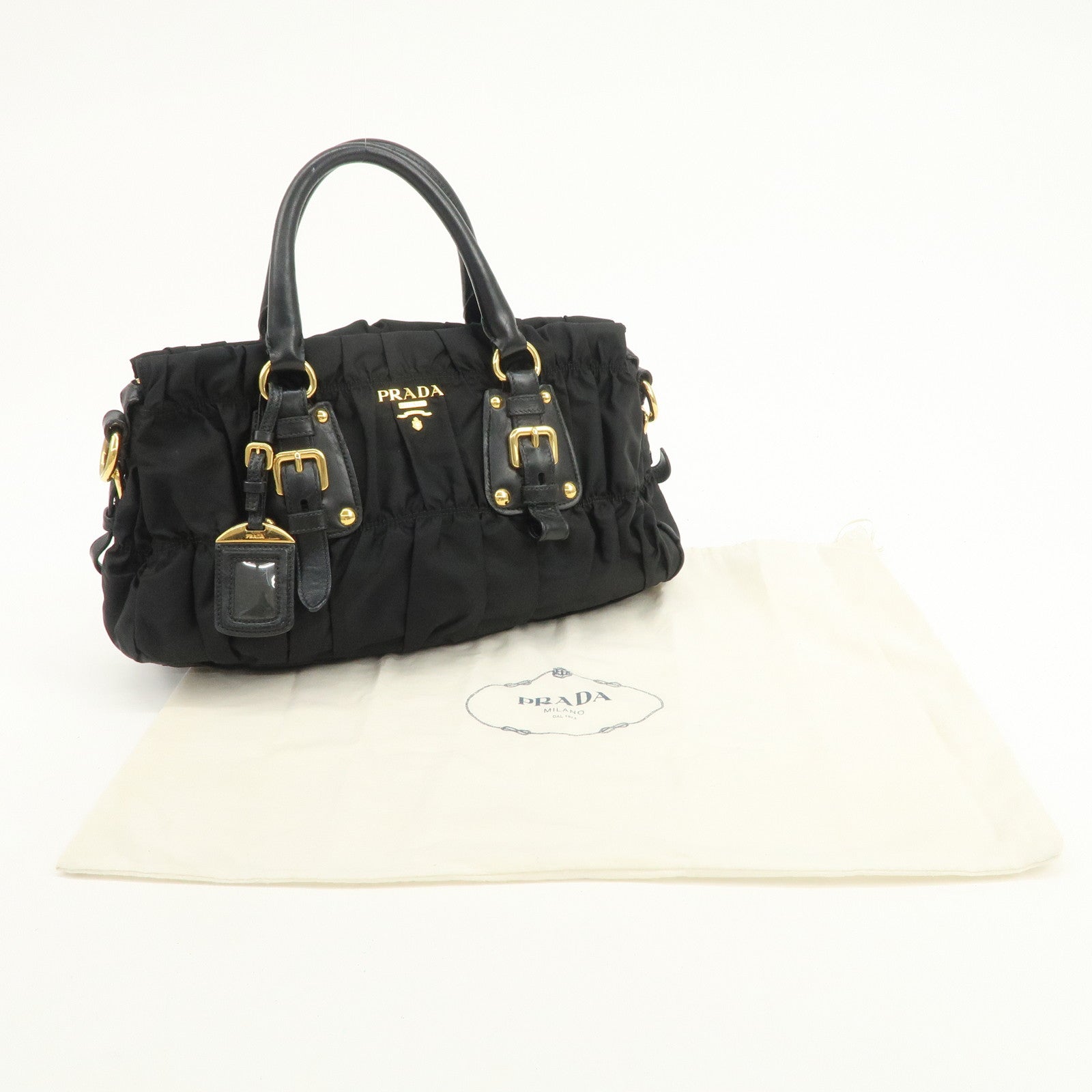 PRADA Nylon Leather Gathered 2Way Hand Shoulder Bag Black BN1407