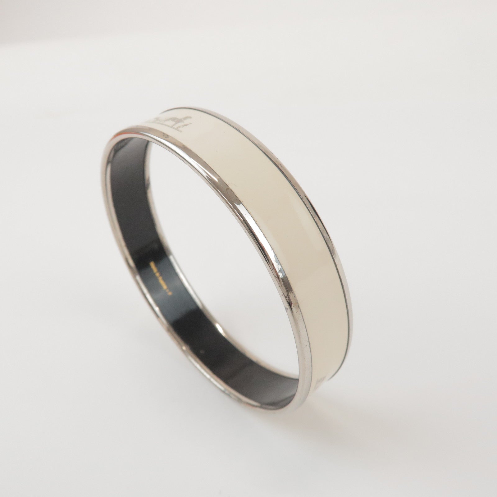 HERMES Email MM Bangle Plated Bracelet Ivory Silver