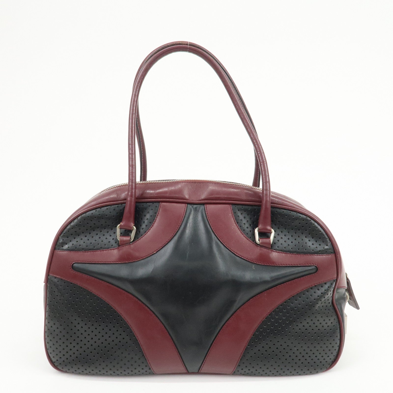 PRADA Leather Boston Bag Bowling Bag Hand Bag Black Bordeaux B10524
