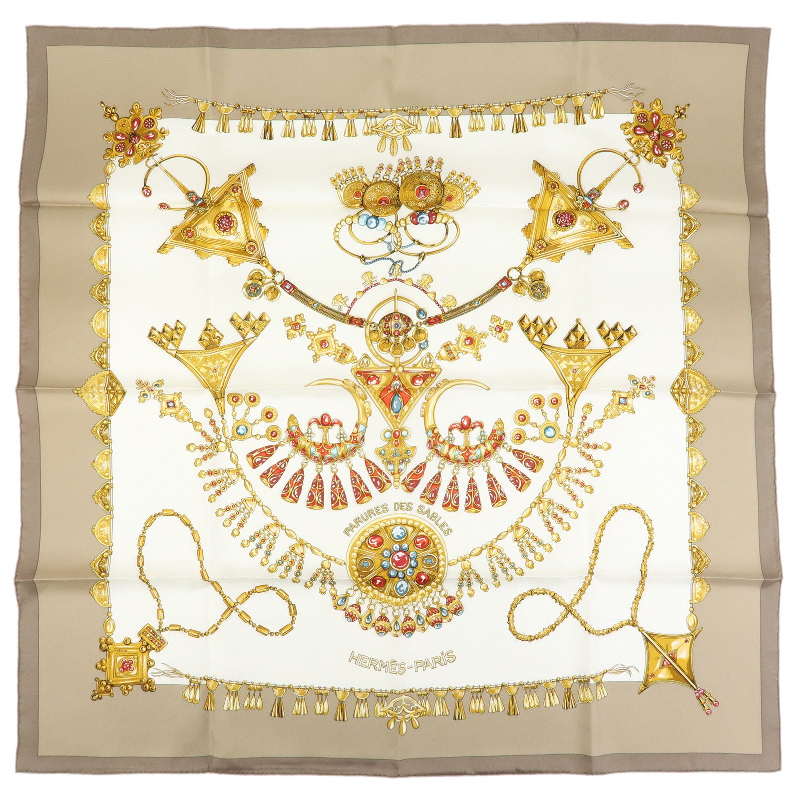 HERMES Carre 90 Silk 100% Scarf PARURES DES SABLES Gold Brown