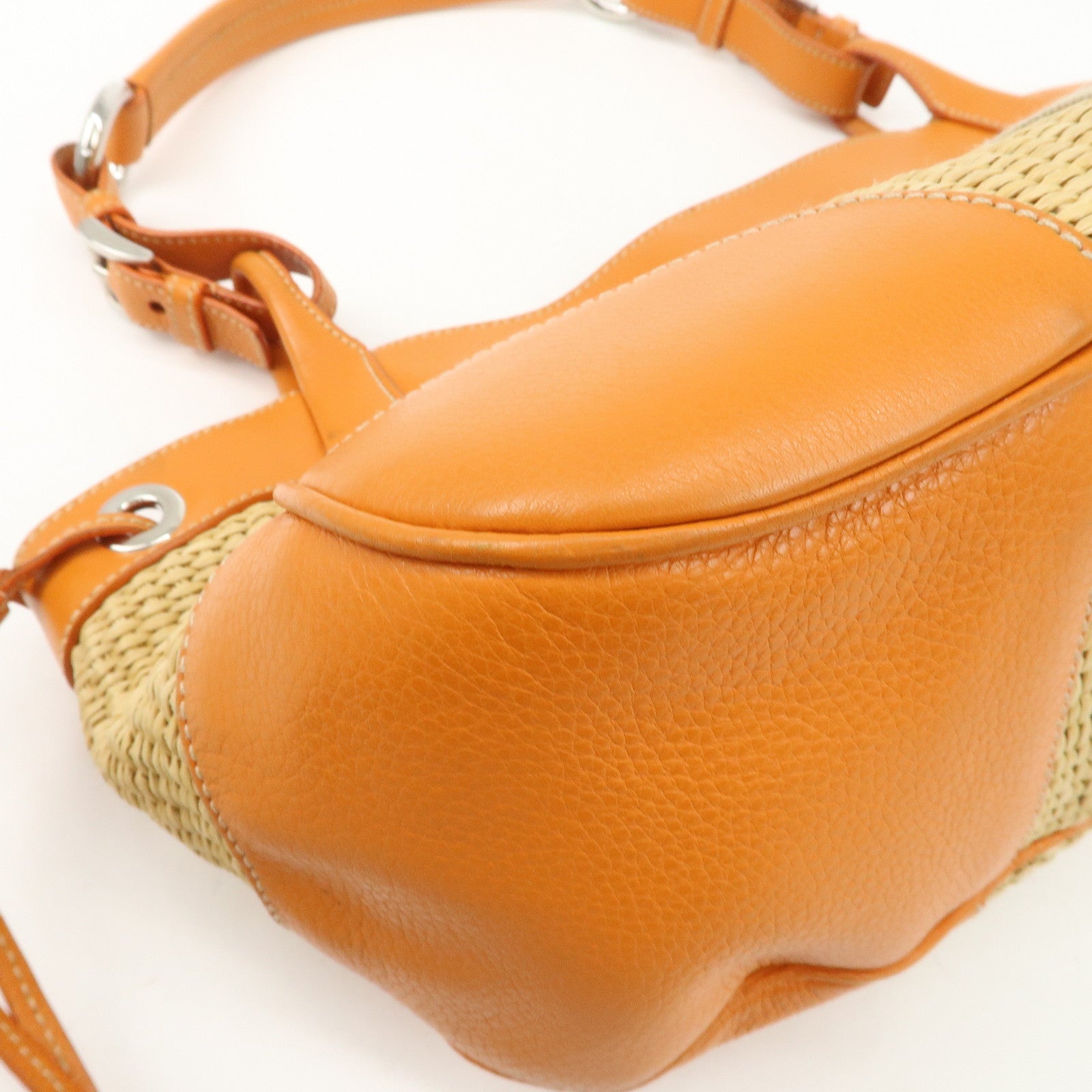 PRADA Triangle Logo Raffia Leather Shoulder Bag Beige Orange