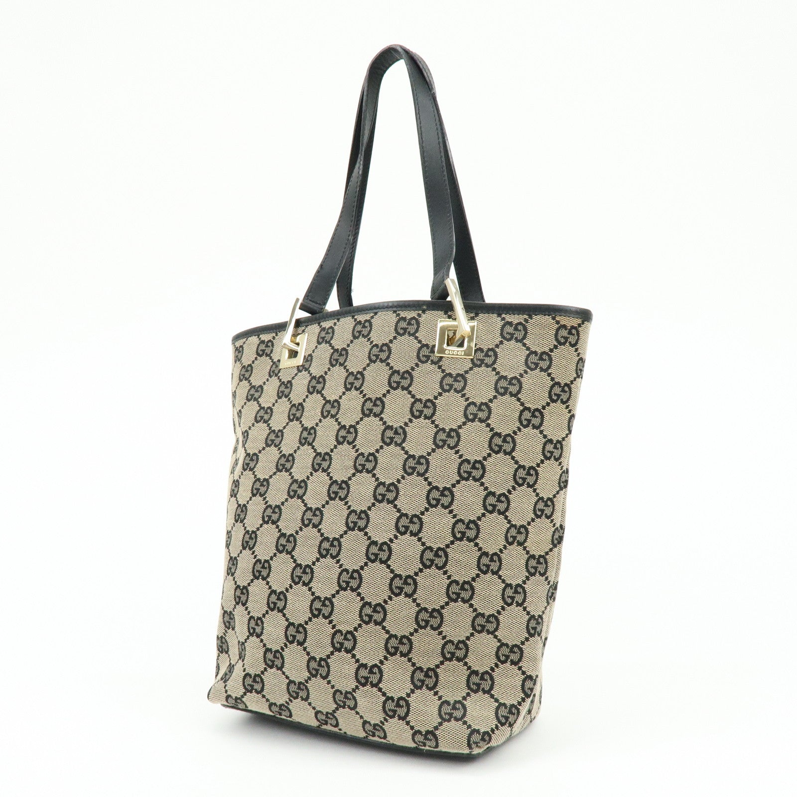 GUCCI GG Canvas Leather Tote Bag Hand Bag Beige Black 0021099