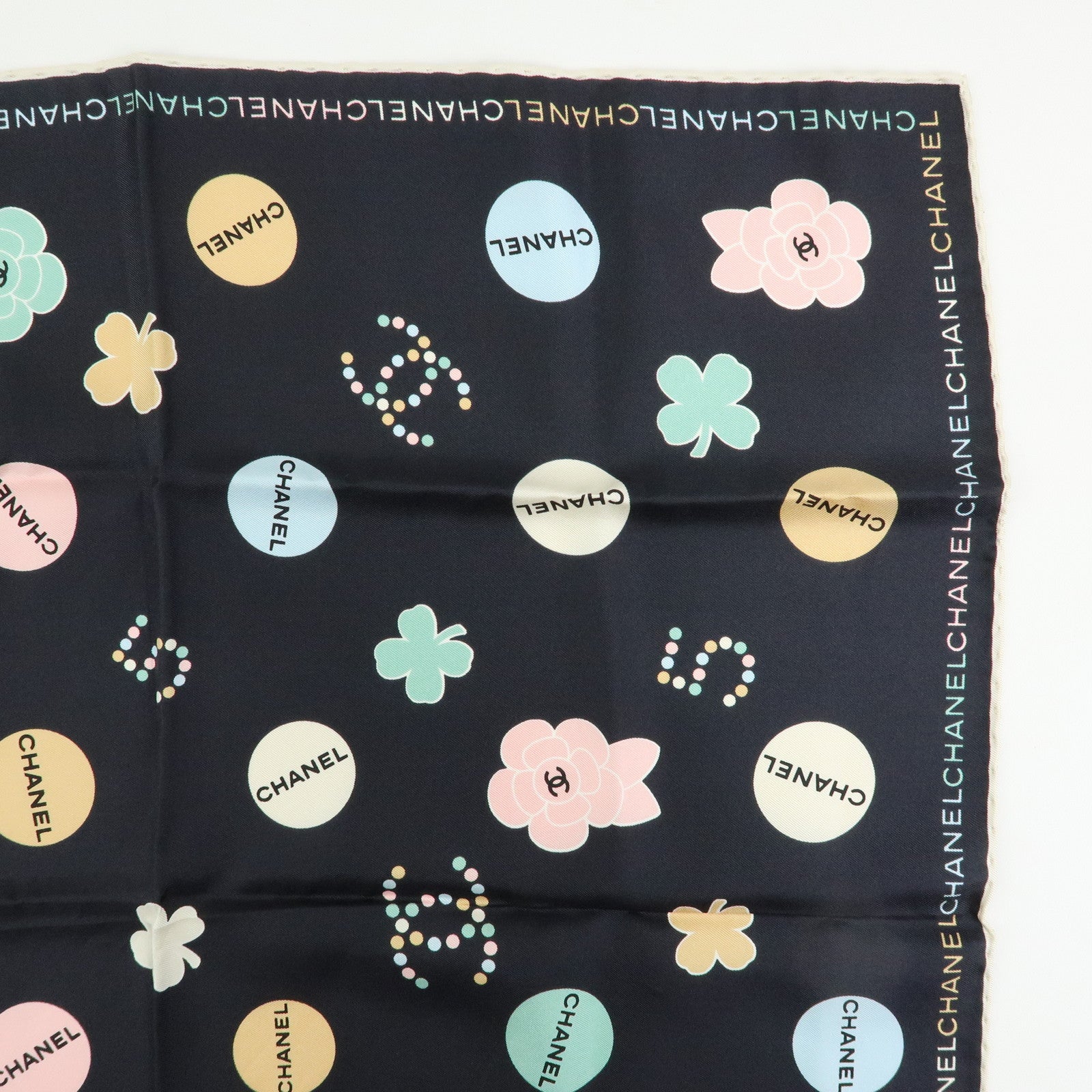 CHANEL No.5 Silk 100% Scarf Black Multicolor