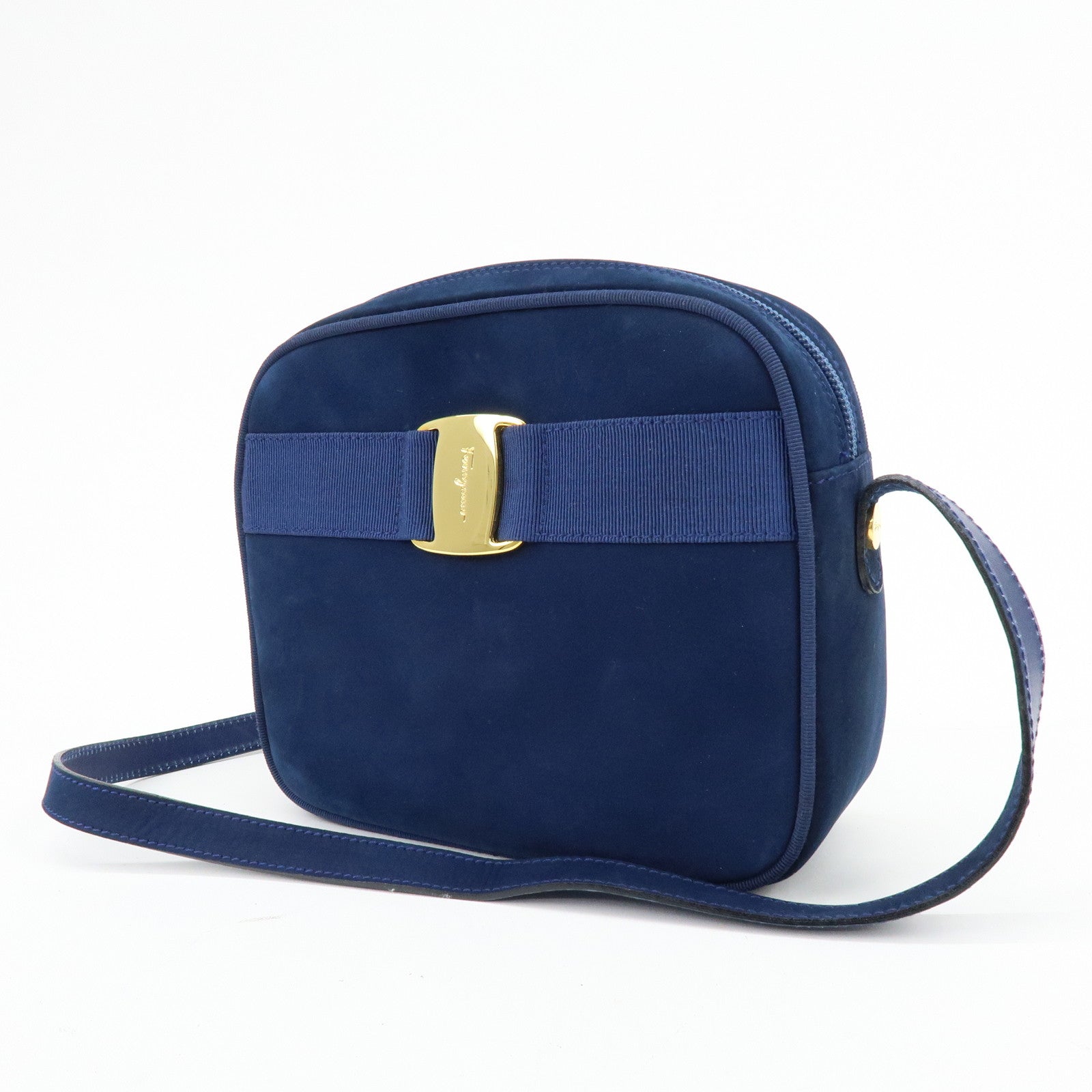 Ferragamo Vara Suede Shoulder Bag Crossbody Bag Camera Bag Navy