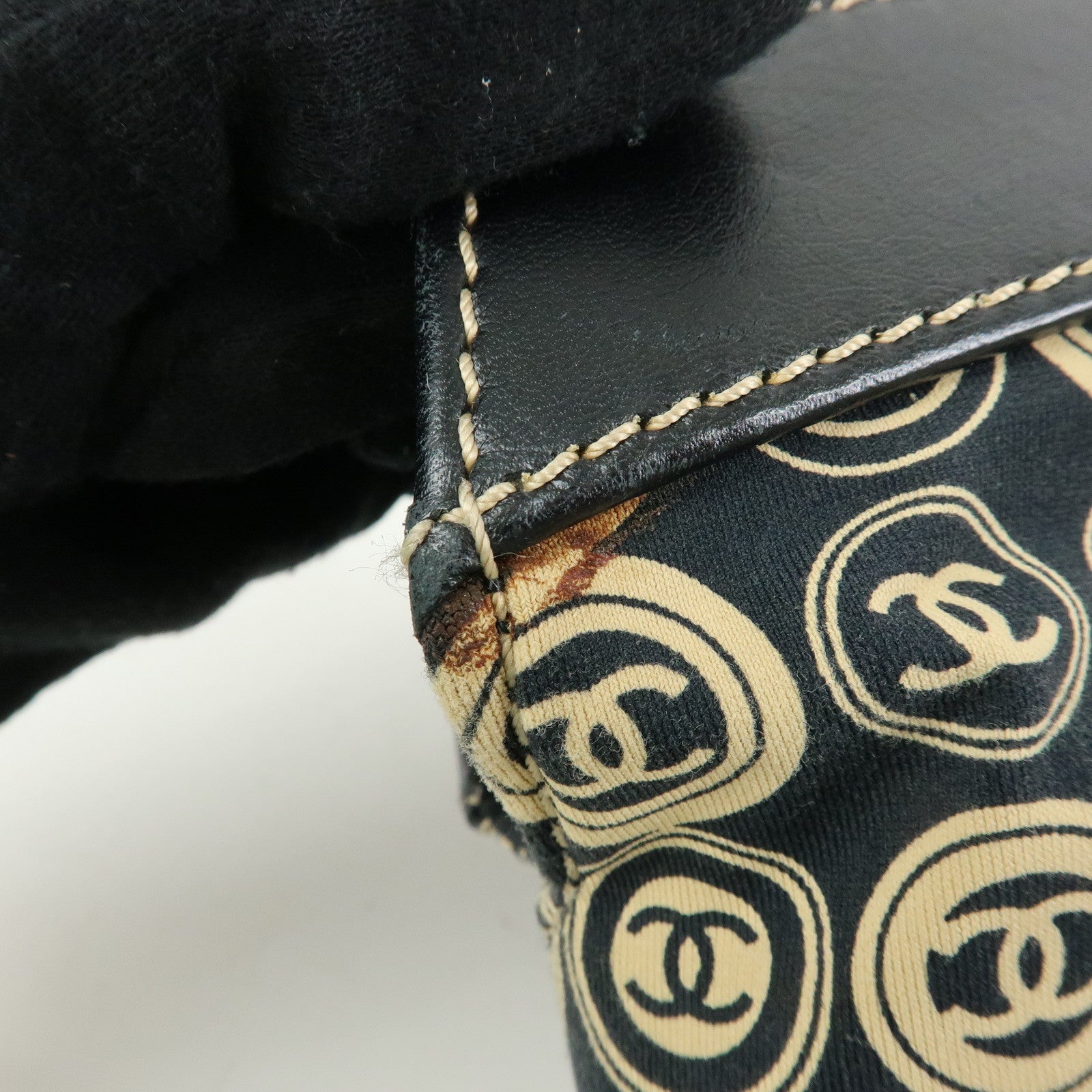 CHANEL COCO Mark Canvas Leather Hand Bag Beige Black