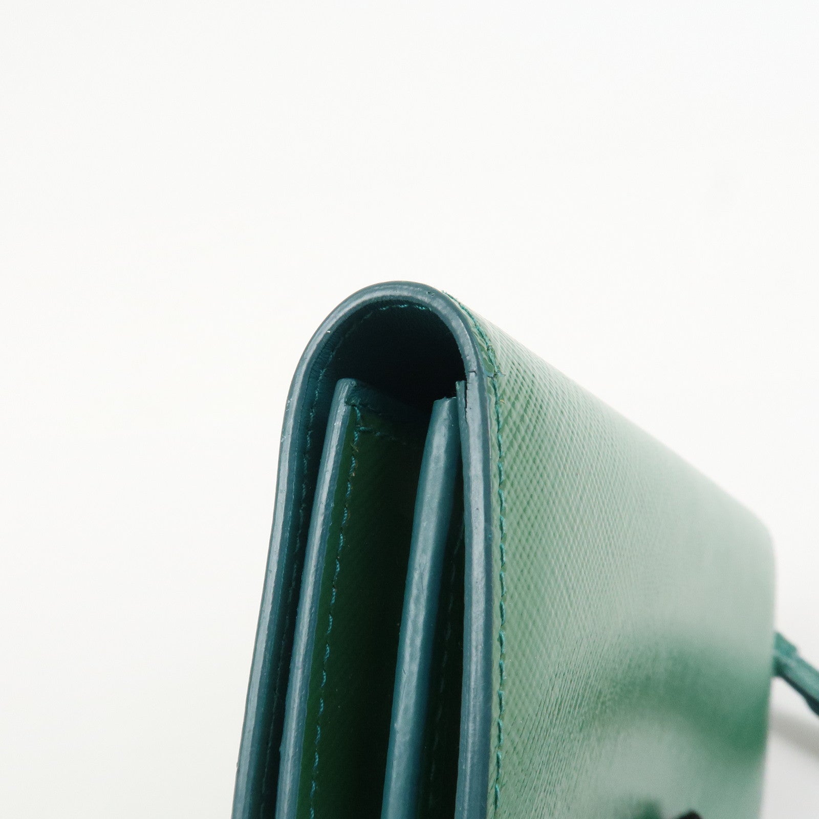 PRADA Triangle Logo Patent Leather Bi-Fold Long Wallet Green