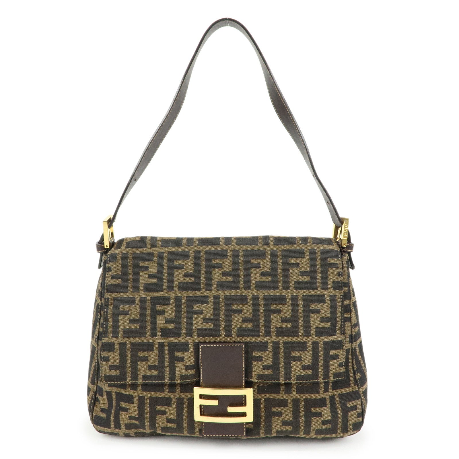 FENDI Mamma Baguette Zucca Canvas Leather Shoulder Bag Brown 26325
