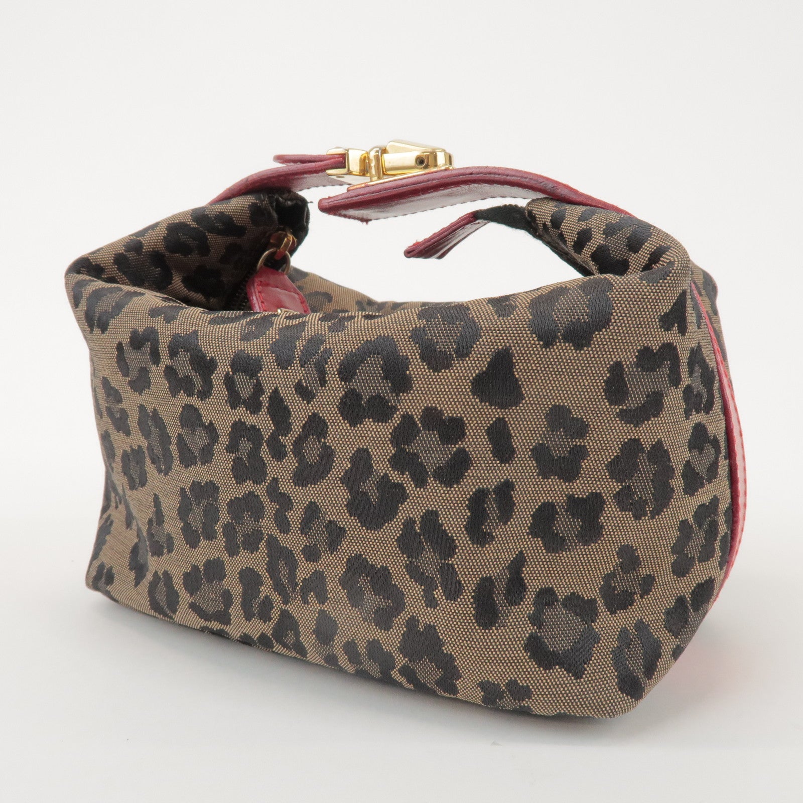 FENDI Canvas Leather Leopard Hand Bag Cosmetic Pouch Brown 26360