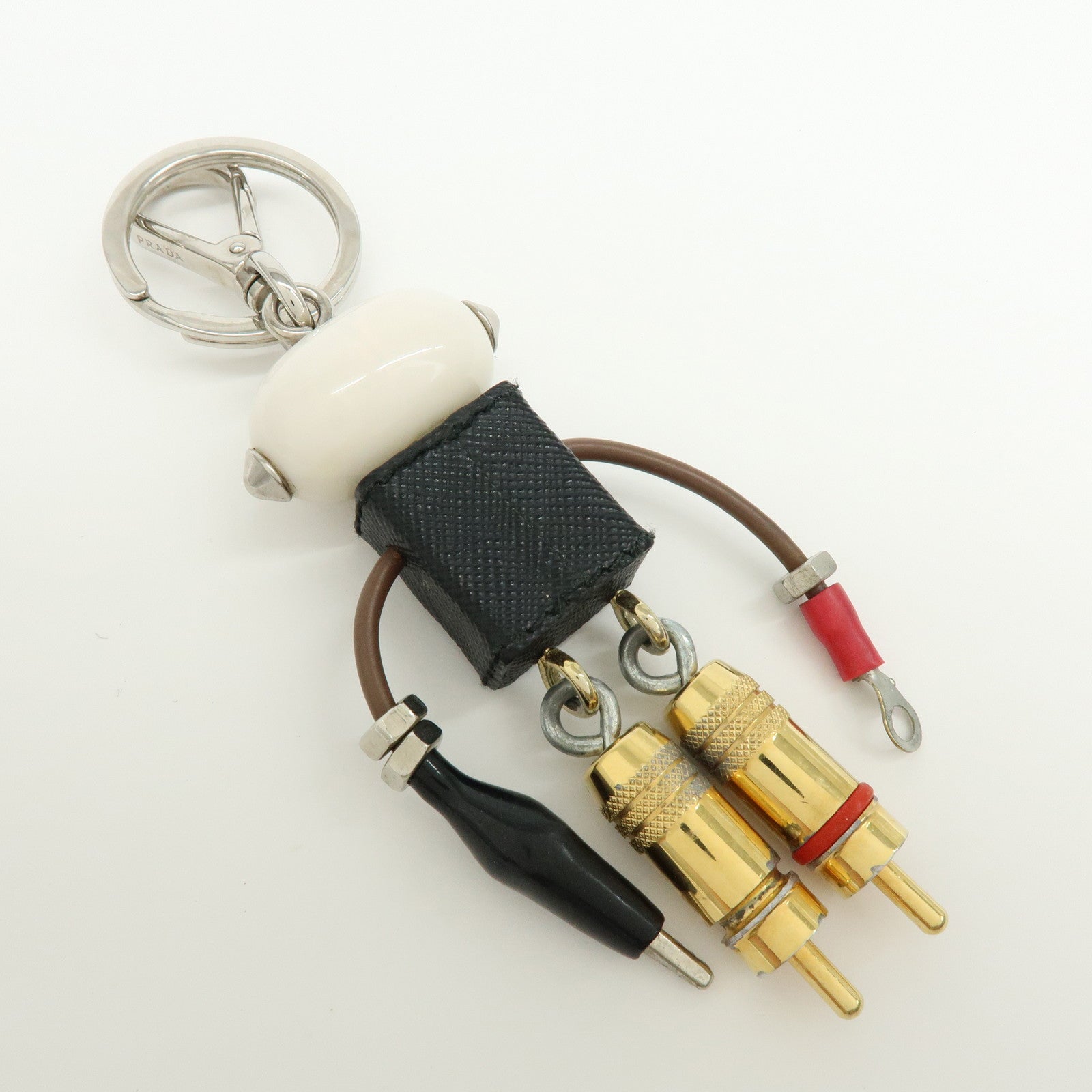 PRADA Triangle Logo Leather Metal Bag Charm Key Charm Black 1ARA97