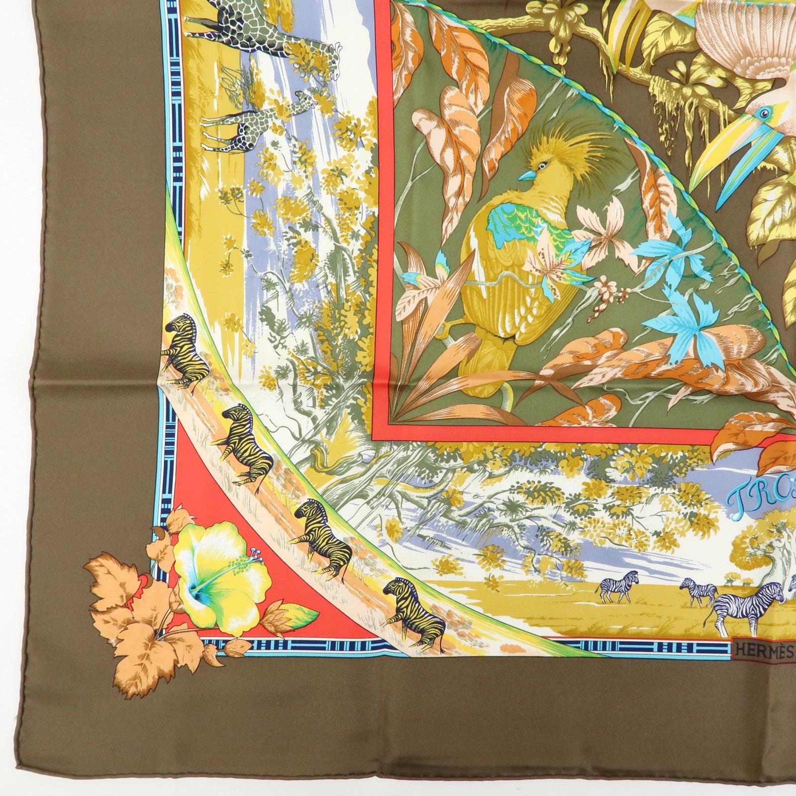 HERMES Carre 90 Silk 100% Scarf TROPIOUES Brown
