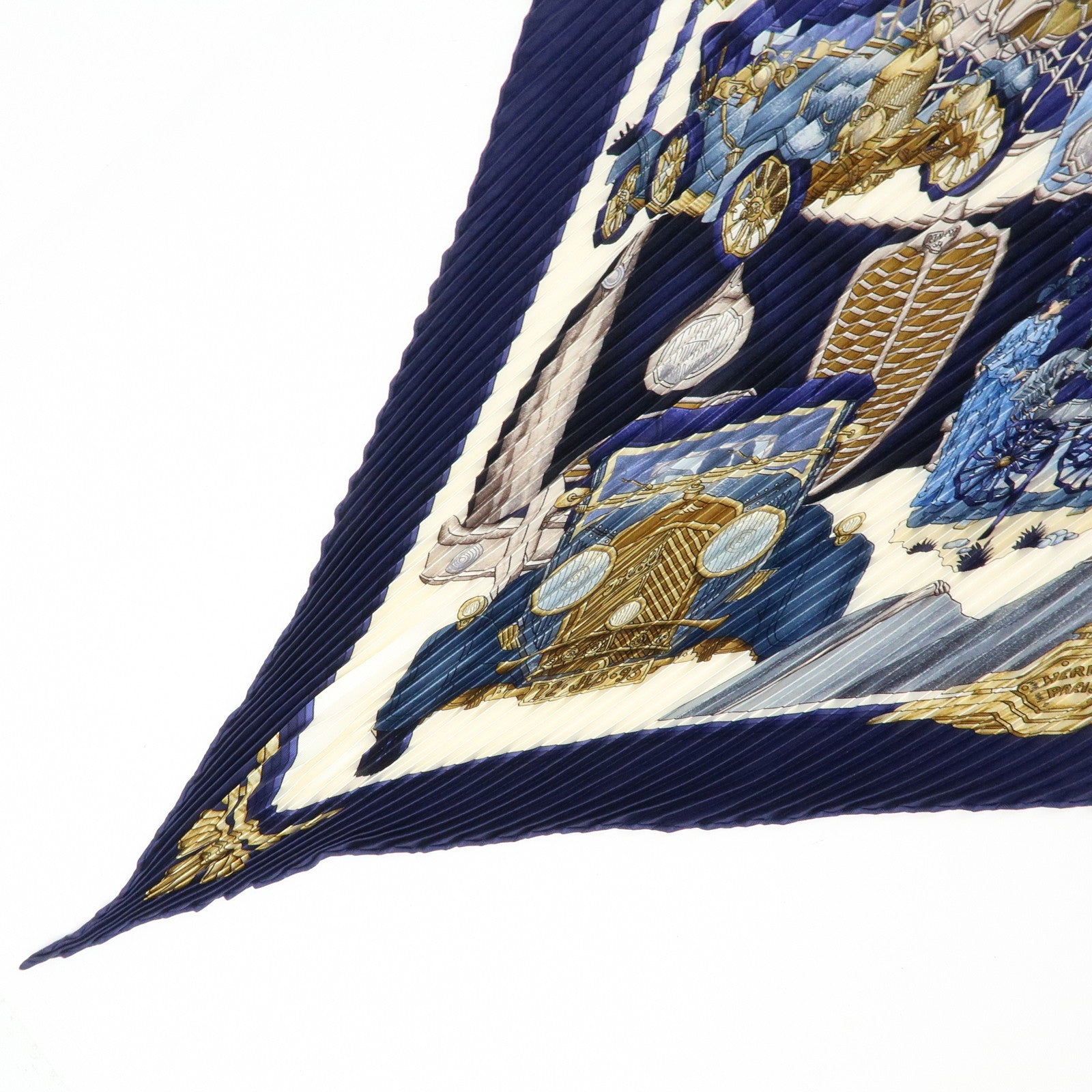HERMES Pleated Carre 90 Silk 100% Scarf Automobile Print Navy White