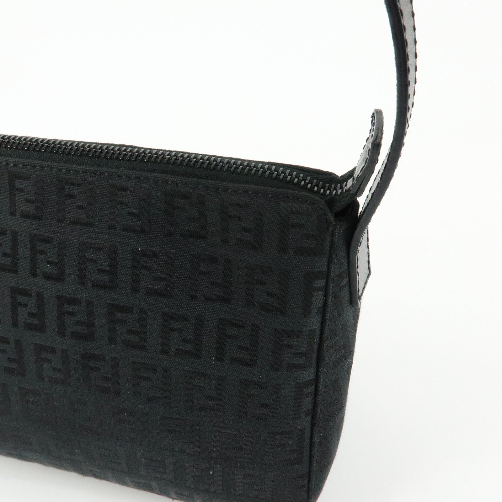 FENDI Zucchino Canvas Leather Shoulder Bag Hand Bag Black 8BR444