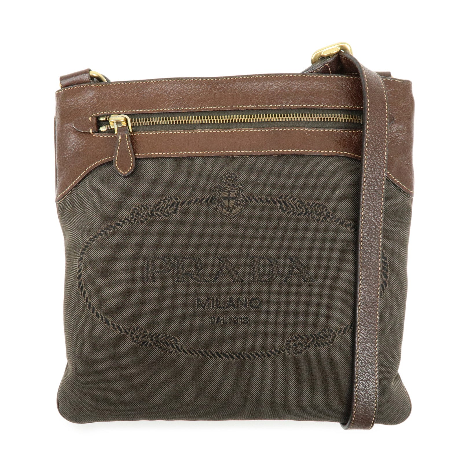 PRADA Logo Jacquard Leather Shoulder Bag Crossbody Bag Brown
