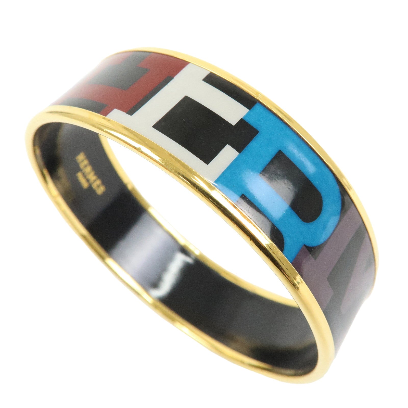 HERMES Email GM Gold Plated Bangle Bracelet Black Multicolor