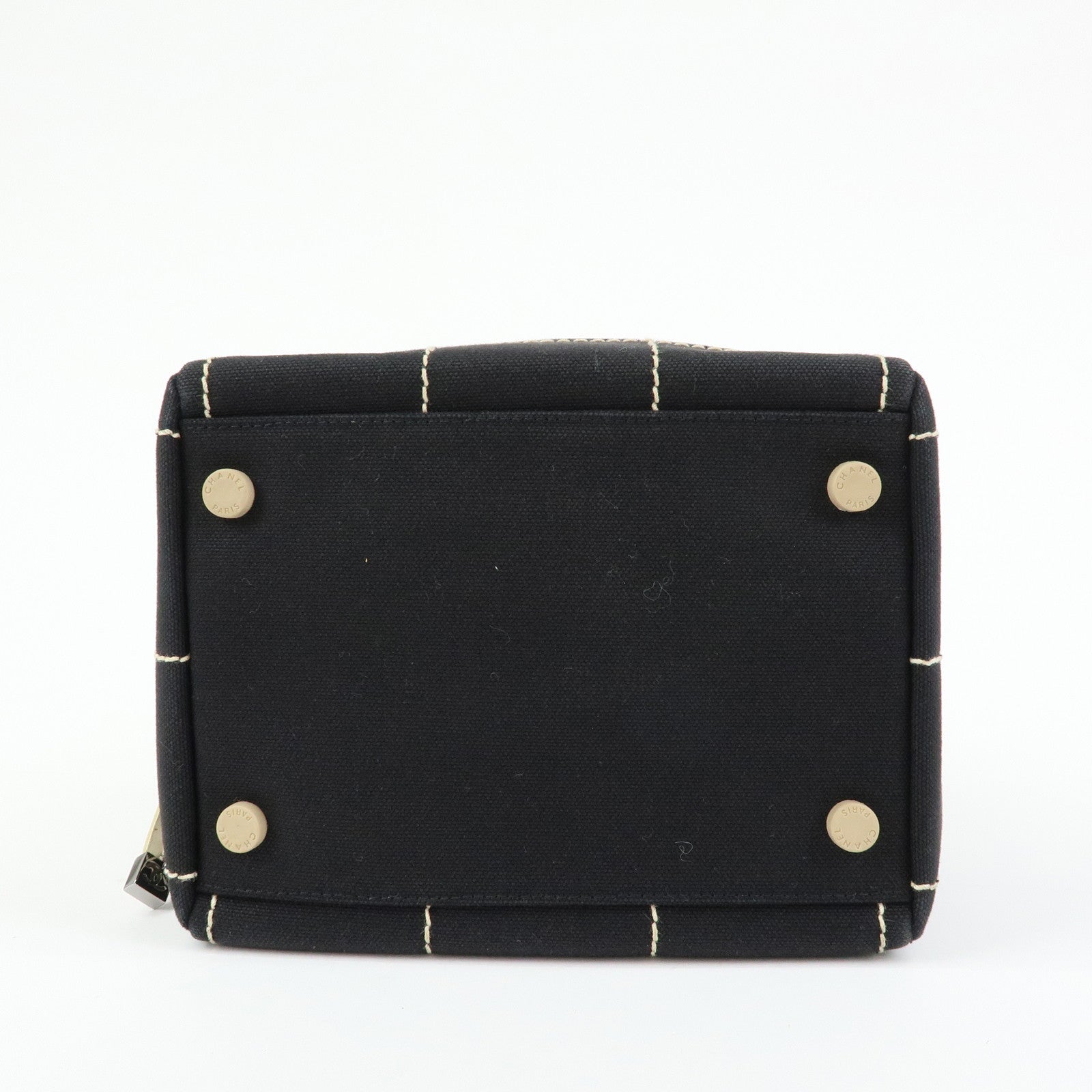 CHANEL Chocolate Bar Canvas Leather Hand Bag Black Ivory